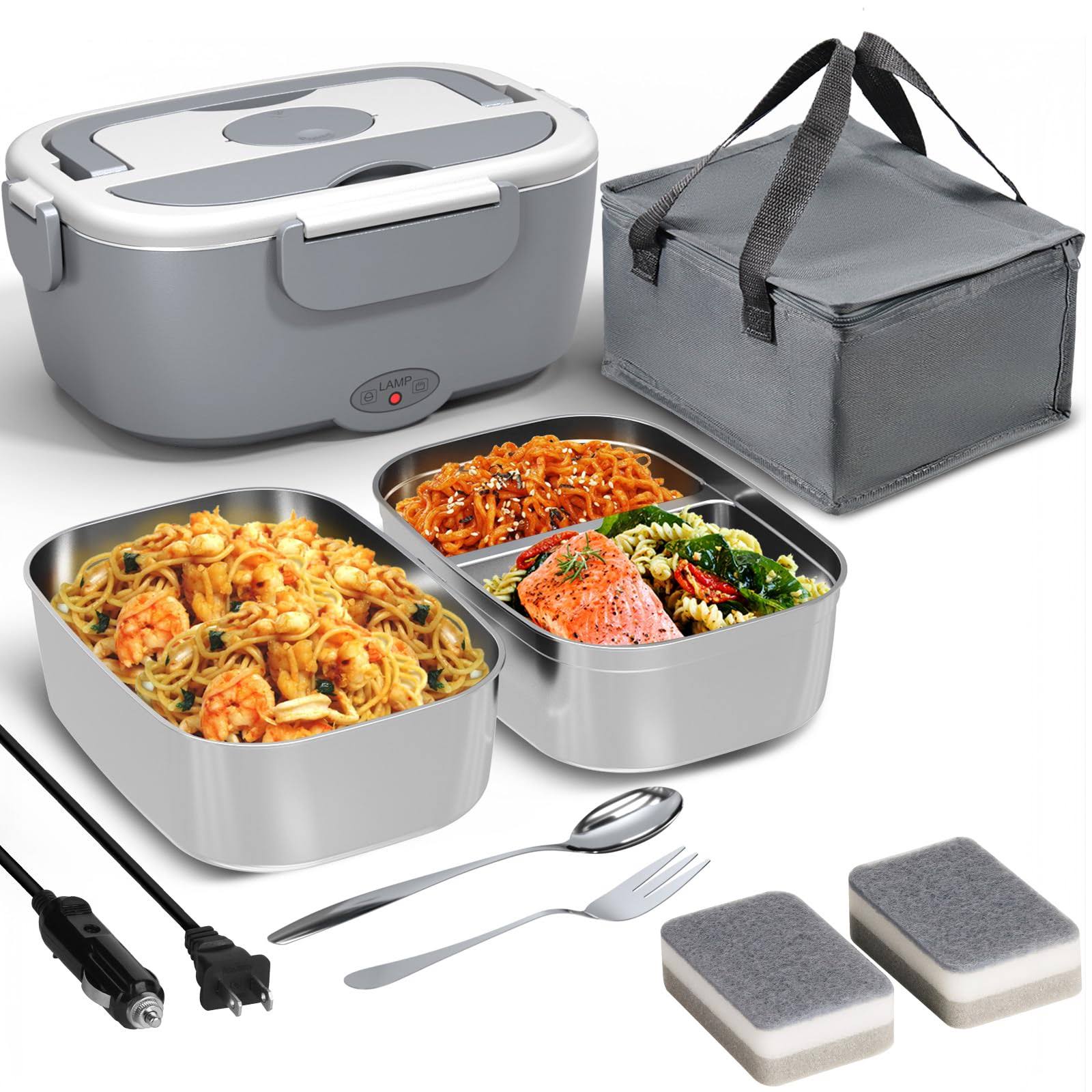 Sitlais Electric Lunch Box Food Heater for Work - 12v/24v/110-220v Food Warmer for Car Truck Outdoor with 2 Packs Stainless Steel Con