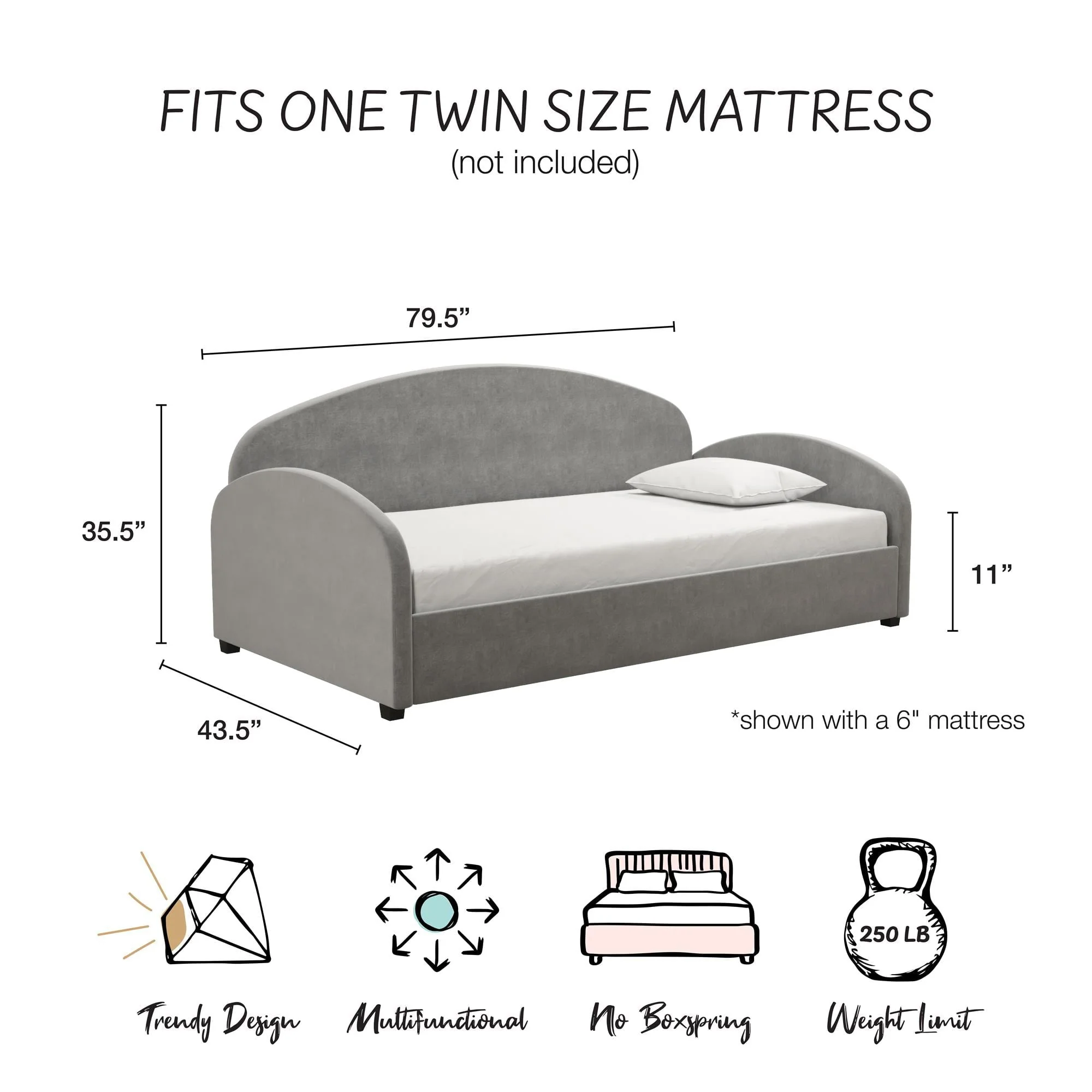 Mr. Kate Moon Upholstered Daybed Frame, Twin, Light Gray Velvet
