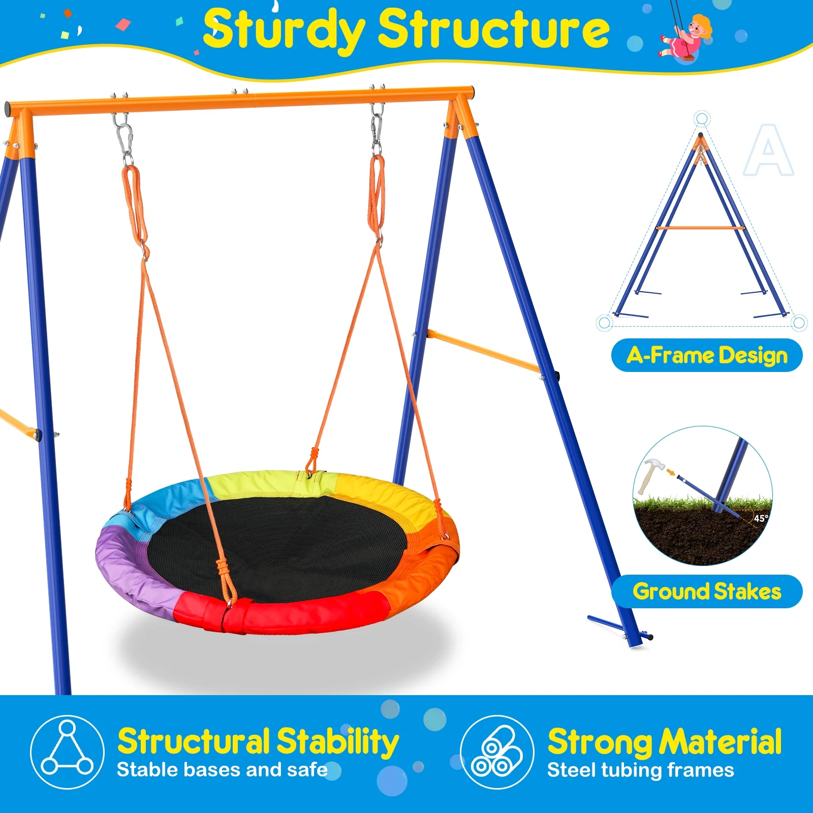 Swing Sets for Outside 440lbs Swing Set for 2-3 Kids Outdoor with Heavy-Duty Metal Frame Adjustable Ropes Round Swing, Rainbow(One Size) - Image 8