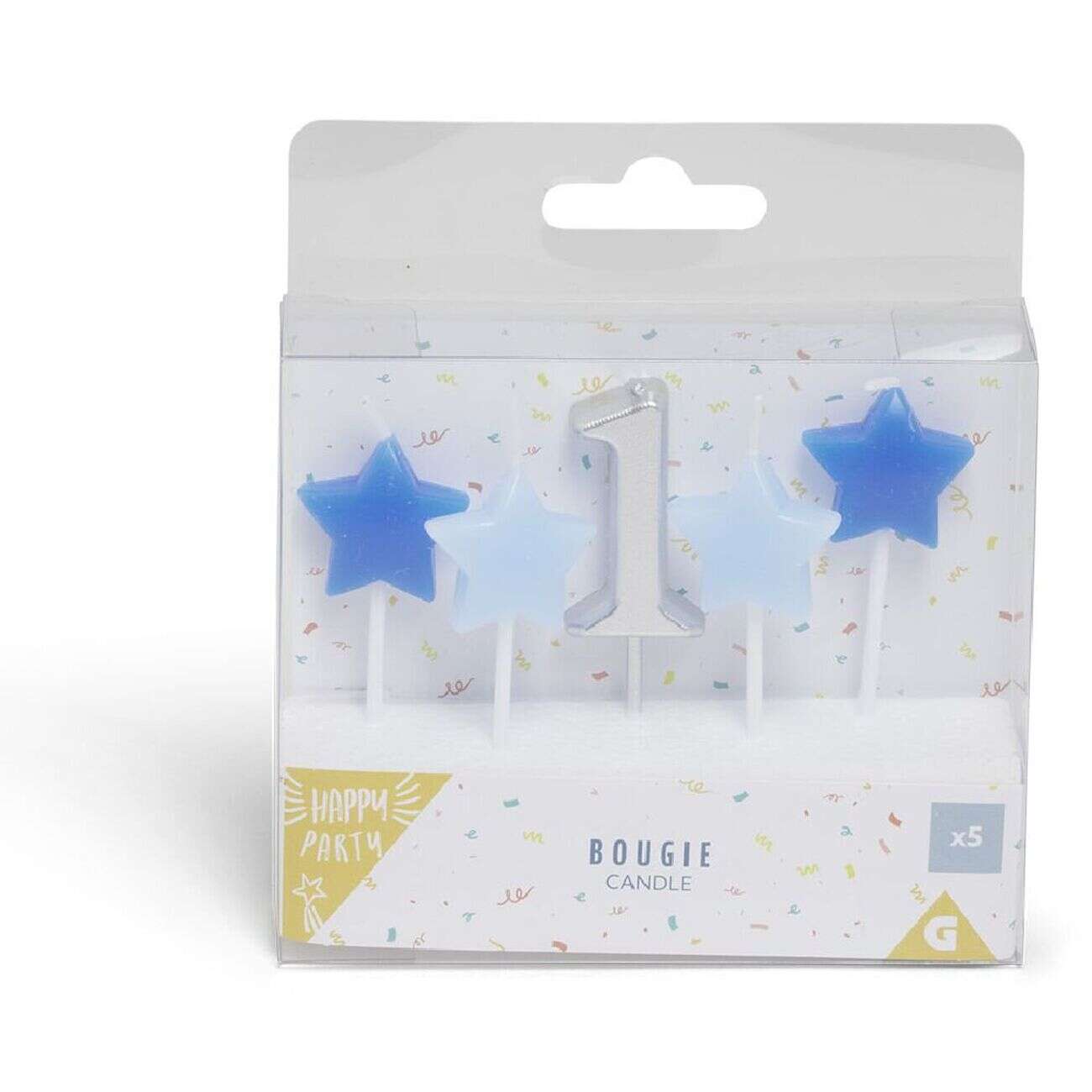 Bougie anniversaire chiffre 1 argenté avec bougies étoiles bleues