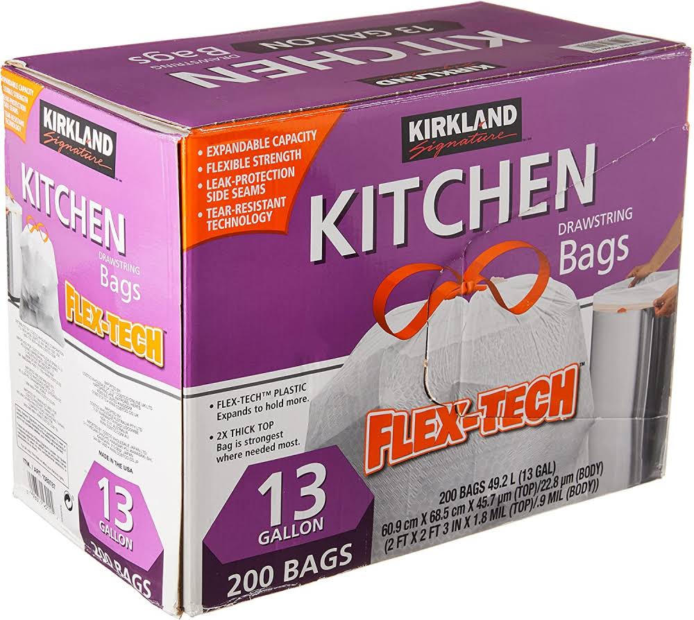 Kirkland Signature Drawstring Kitchen Trash Bags 13 Gallon 200 Count