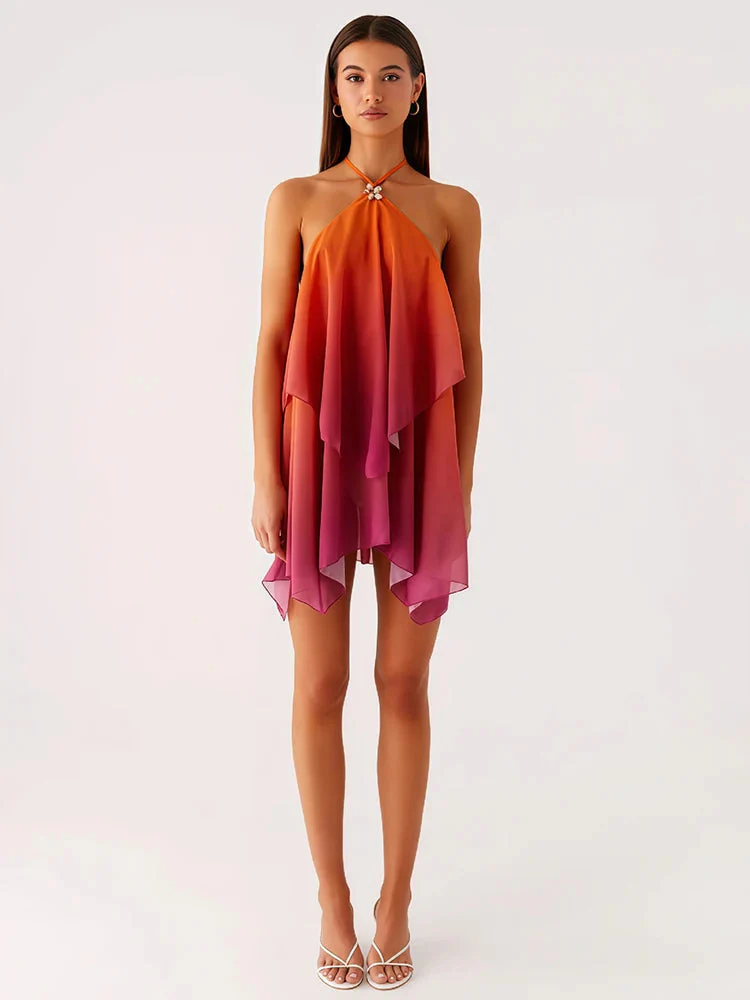 Robe courte à volants dégradé rose