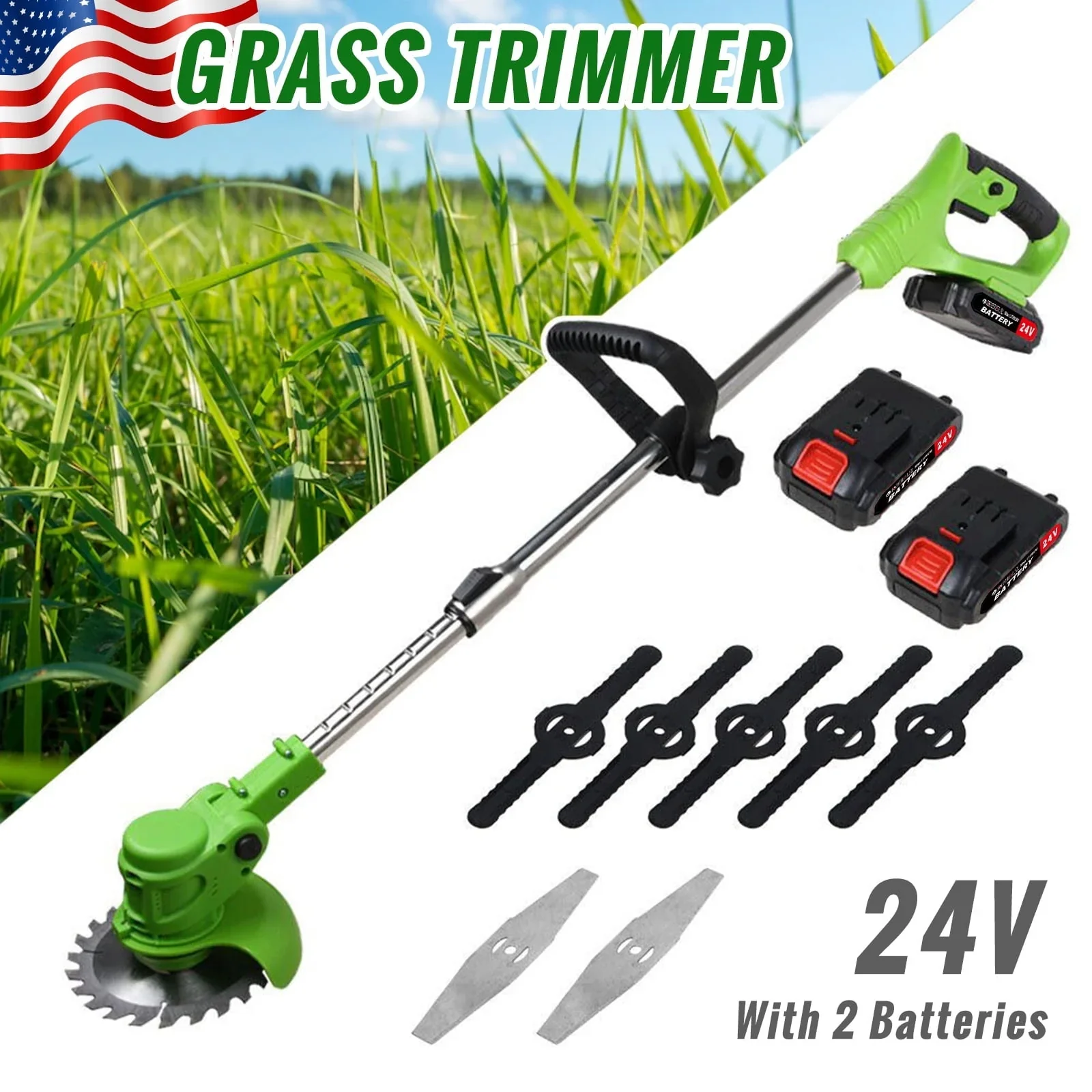 Electric 650W Weed Lawn Edger, Battery Weed Eater, Weed Wacker Electric, Cordless Grass Trimmer Cutting Tool & 2 Battery, Weed Trimmer for Yards Garden, Green