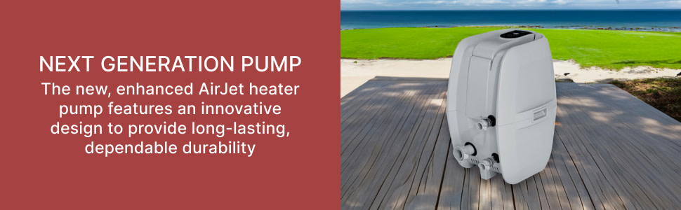 Next Generation AirJet heater pump on a wooden deck with a beach background.