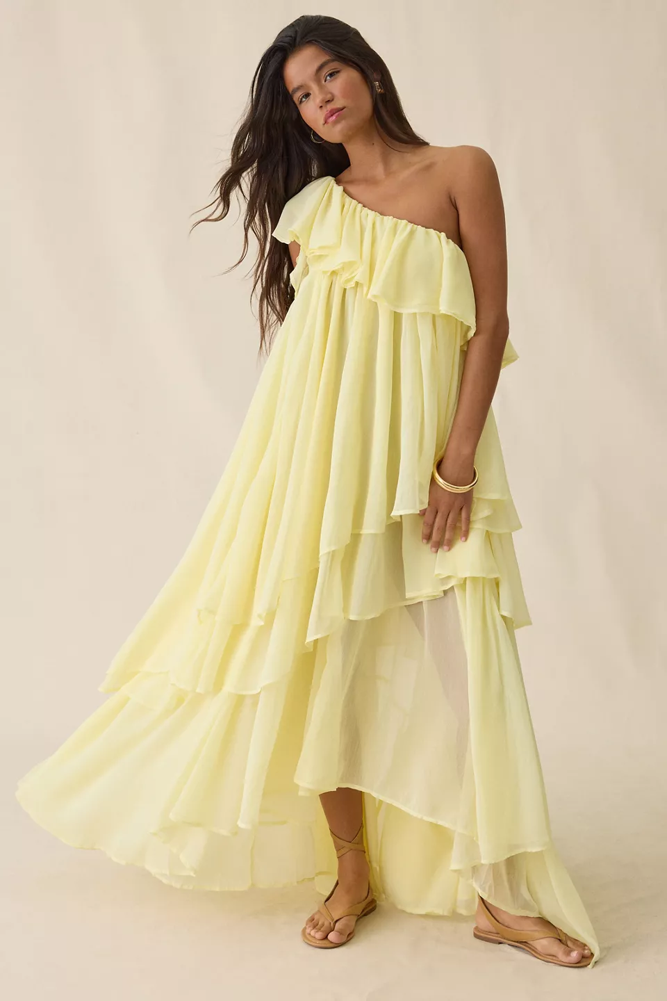 Muse Assembly Lina Asymmetric Tiered One-Shoulder Maxi Dress