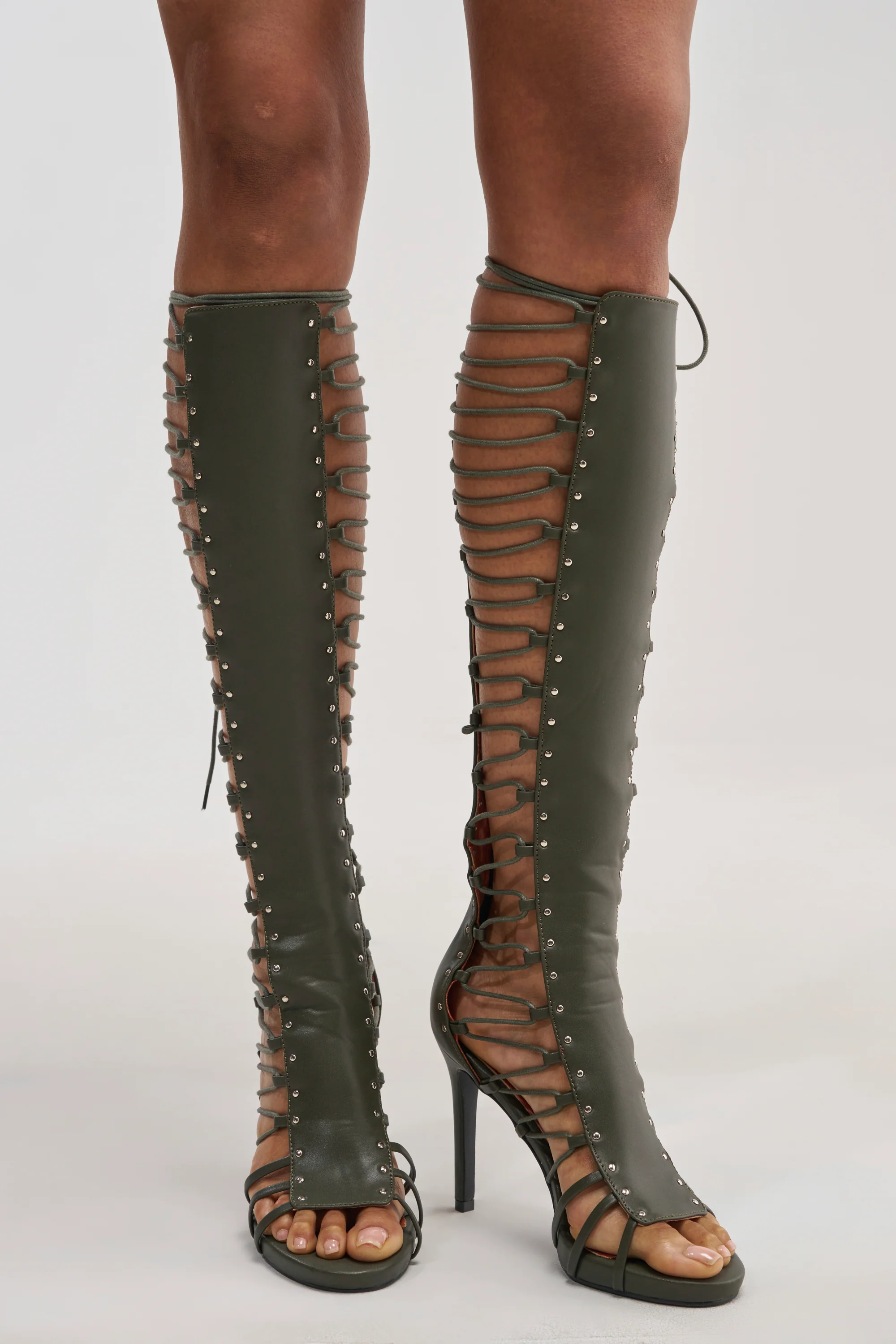 AZALEA WANG ROSALINA OLIVE GLADIATOR TO THE KNEE SANDAL - Akira Store