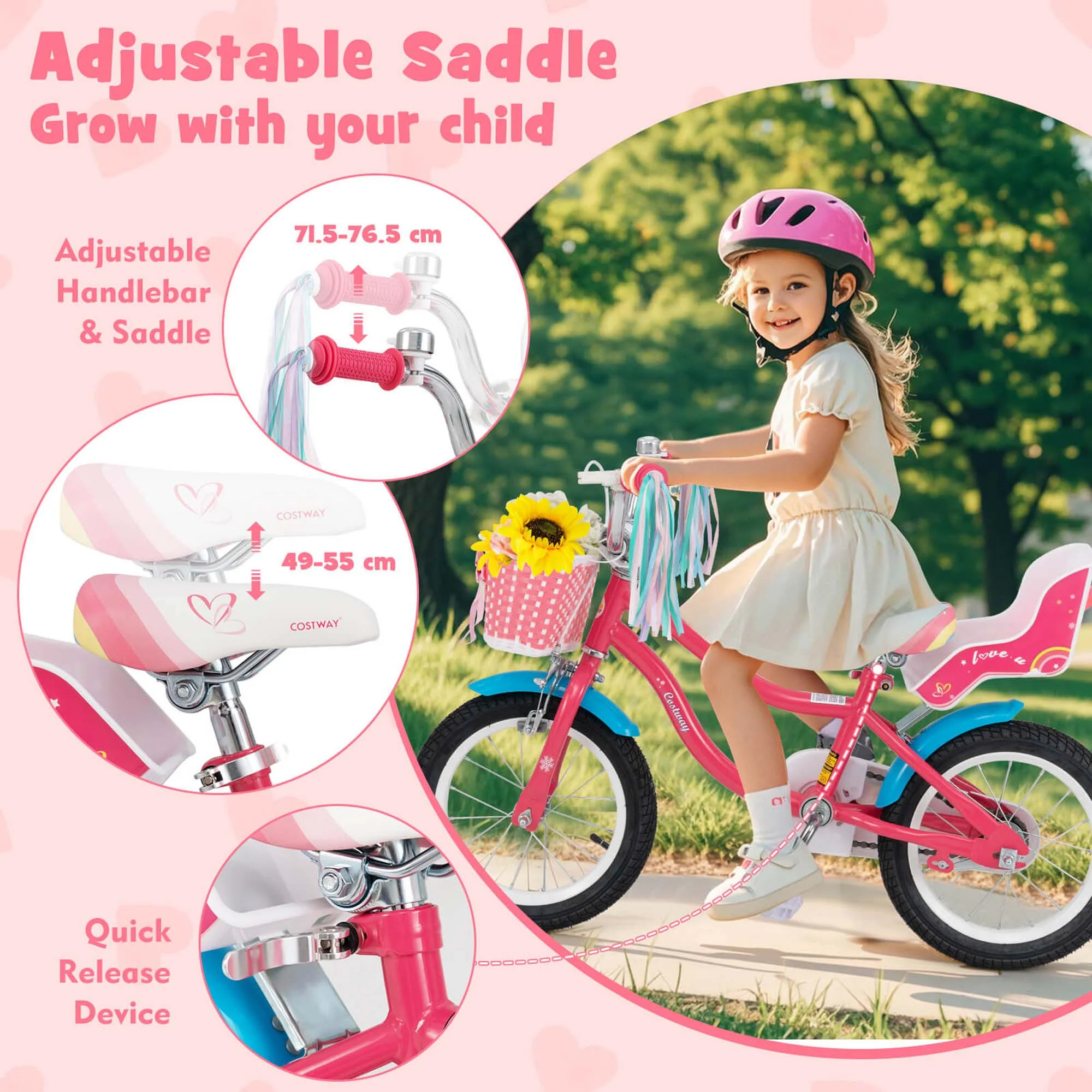 14 Inch Kids Bike with Basket Doll Seat Colorful Streamers 2 Training Wheels Pink(Pink/14") - Image 5
