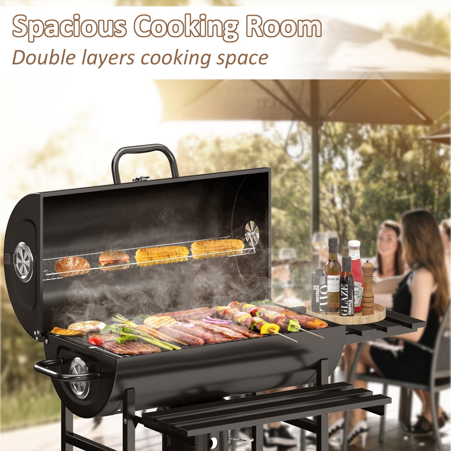 29¡± Barrel Outdoor Charcoal Grill with Side Shelf and Wheels. Black