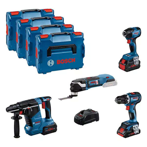 BOSCH COMBI-KIT 4 SORTIES 18V : GSR 18V-90C + GDR 18V-210C + GBH 18V-24C + GOP 18V-28 + 1 BATTERIE 4,0 AH (PROCORE) + 2 BATTERIES 5,5 AH (PROCORE) + GAL 1880CV (L) PROFESSIONAL