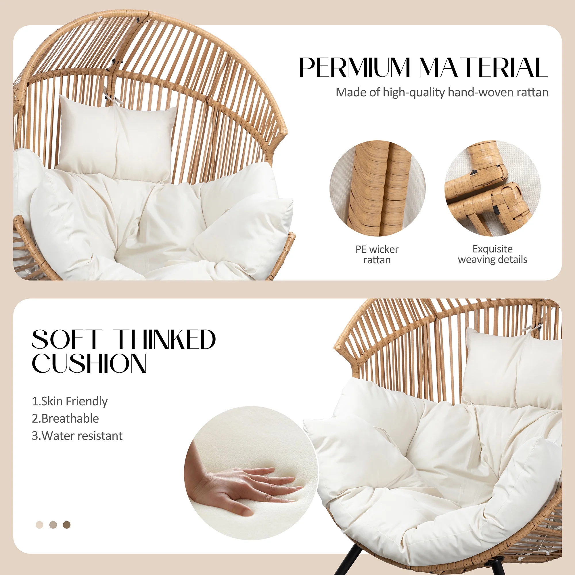Egg Chairs Outdoor Patio Wicker Oversized Egg Shell Lounger Lawn Chair with Cushion for Indoor Outside Porch Balcony Backyard, Original Wood Color Rattan Beige Cushion(Wooden Color Rattan Beige Cushion/No-Rocking) - Image 8