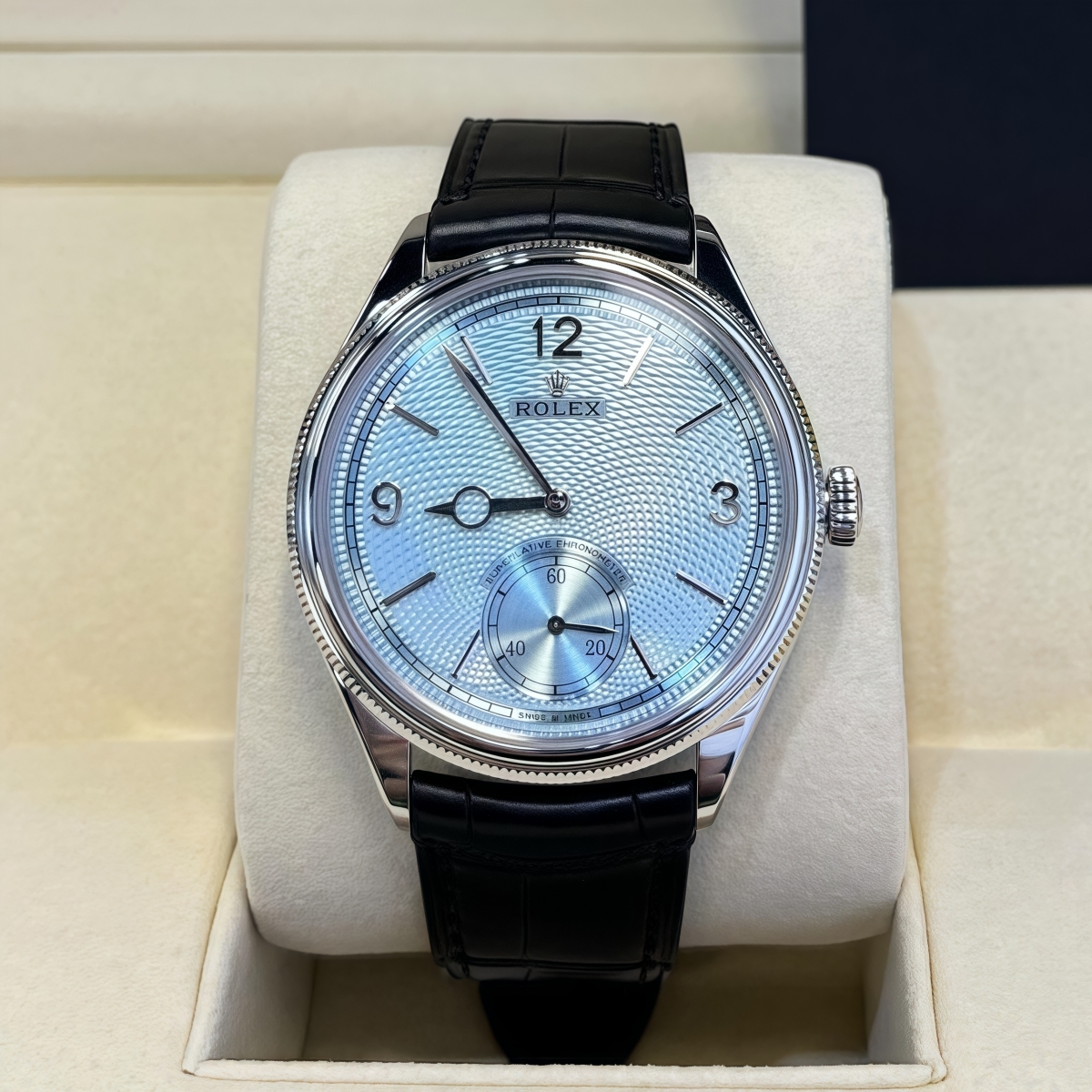 [Super Clone]Rolex 1908 Platinum Ice Blue Dial Black Alligator Strap - 52506-0003
