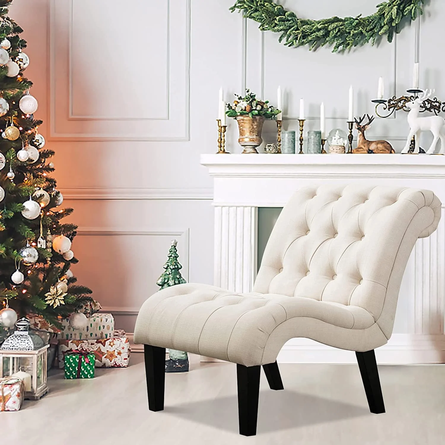 Andeworld Upholstered Accent Chair for Bedroom Living Room Chairs Lounge Chair with Wood Legs Cream Fabric(1/Cream) Image 3