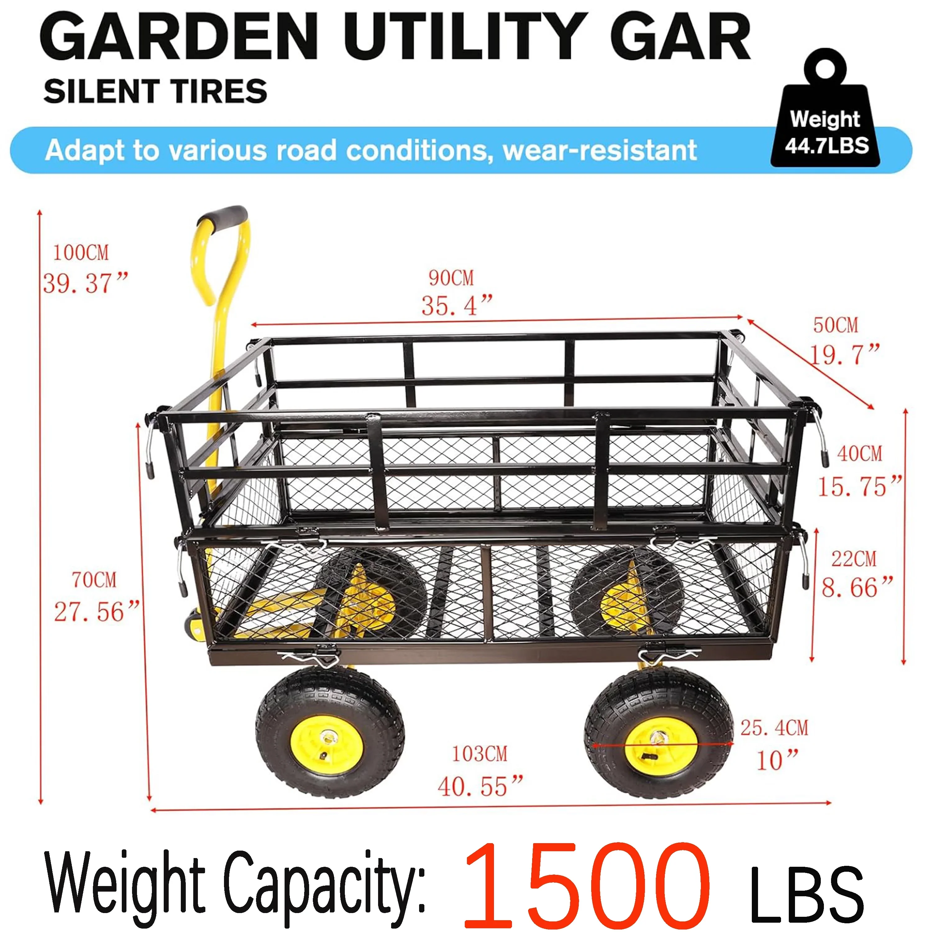 Furnibear Heavy Duty Steel Garden Cart 1500lbs Capacity, 6.35 cu ft, 40.55 x 27.56 Folding Utility Wagon with Double-Layer Removable Side, Black