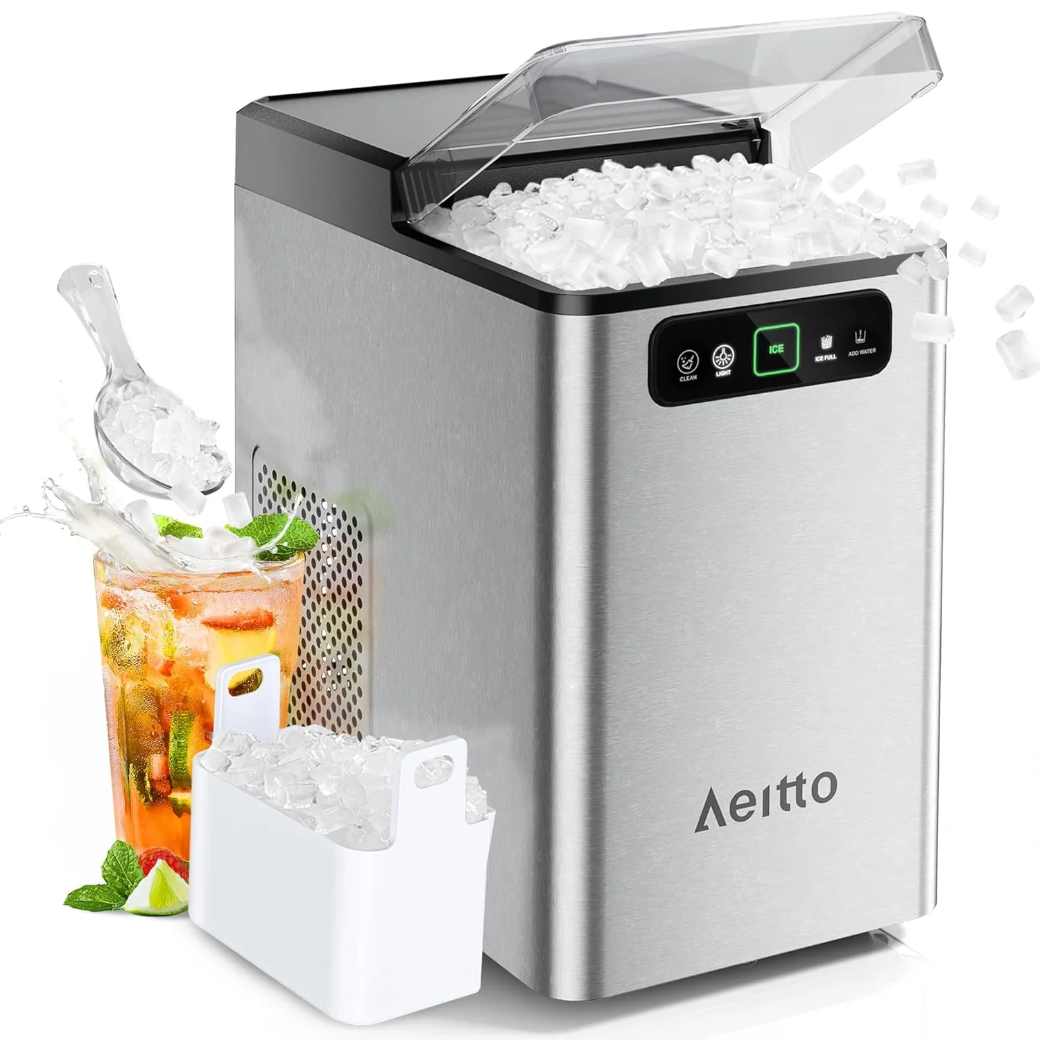 Machine à glaçons Aeitto Nugget 40 lb/24 h, machine à glaçons en galets tendres et croquants, fonctionnement en un clic, autonettoyante avec pelle et panier pour la maison, le bureau, la cuisine et les fêtes (gris)