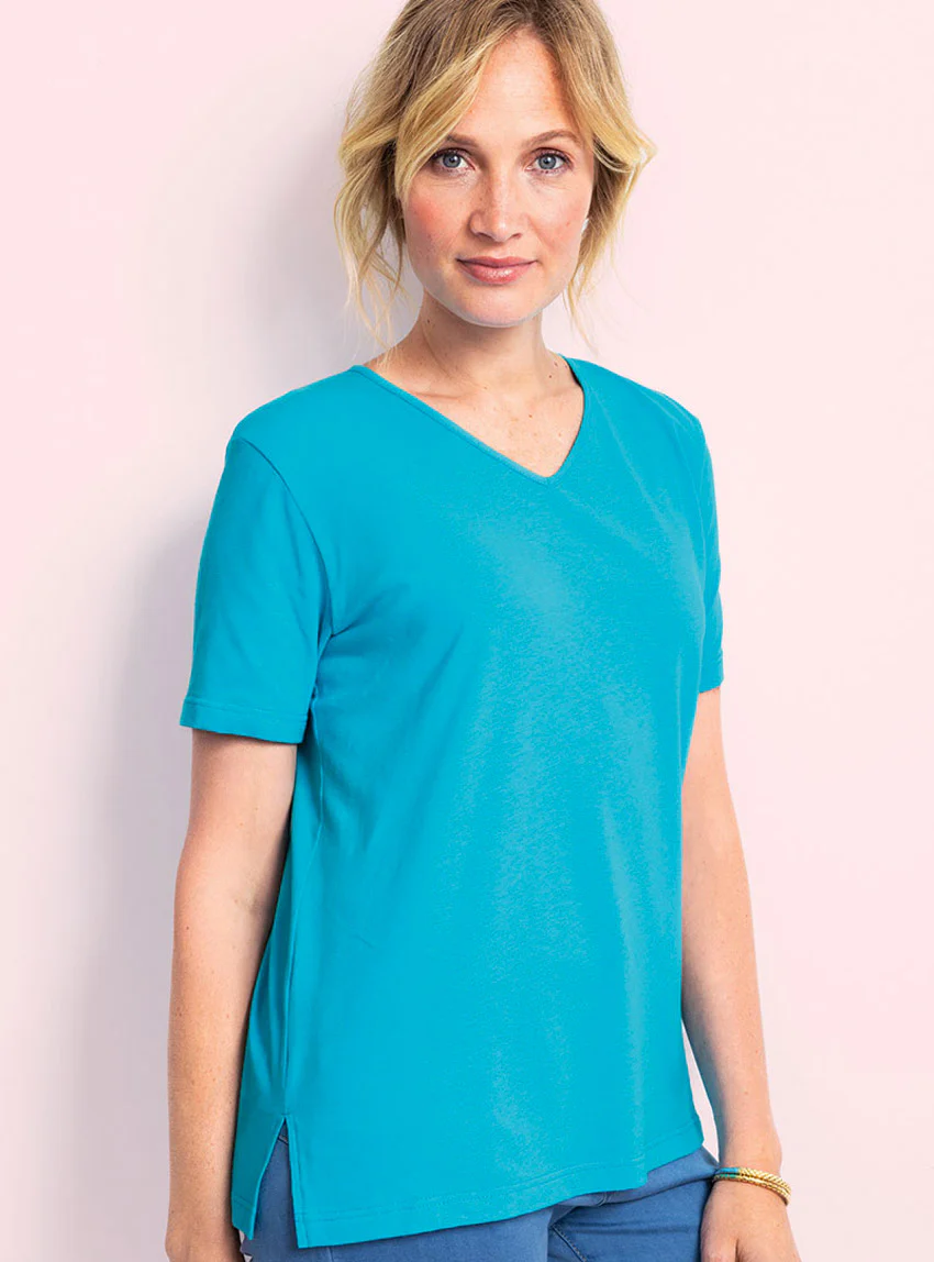 Tee-shirt femme en coton et lin bleu turquoise