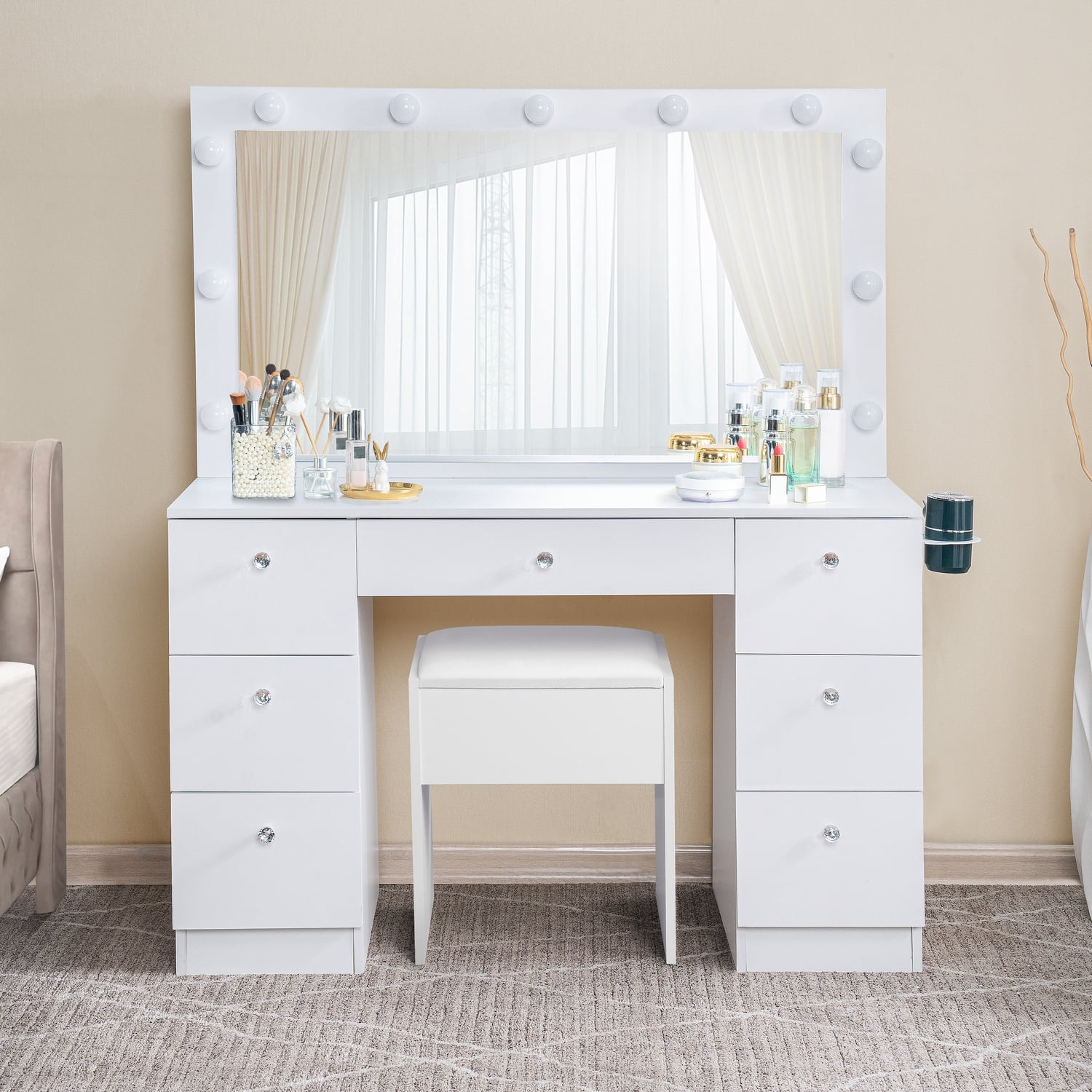 Naomi Home Vera Makeup Deluxe Vanity Table Set, 7 Drawers, 11 Lights, Oversized Mirror, White(White)
