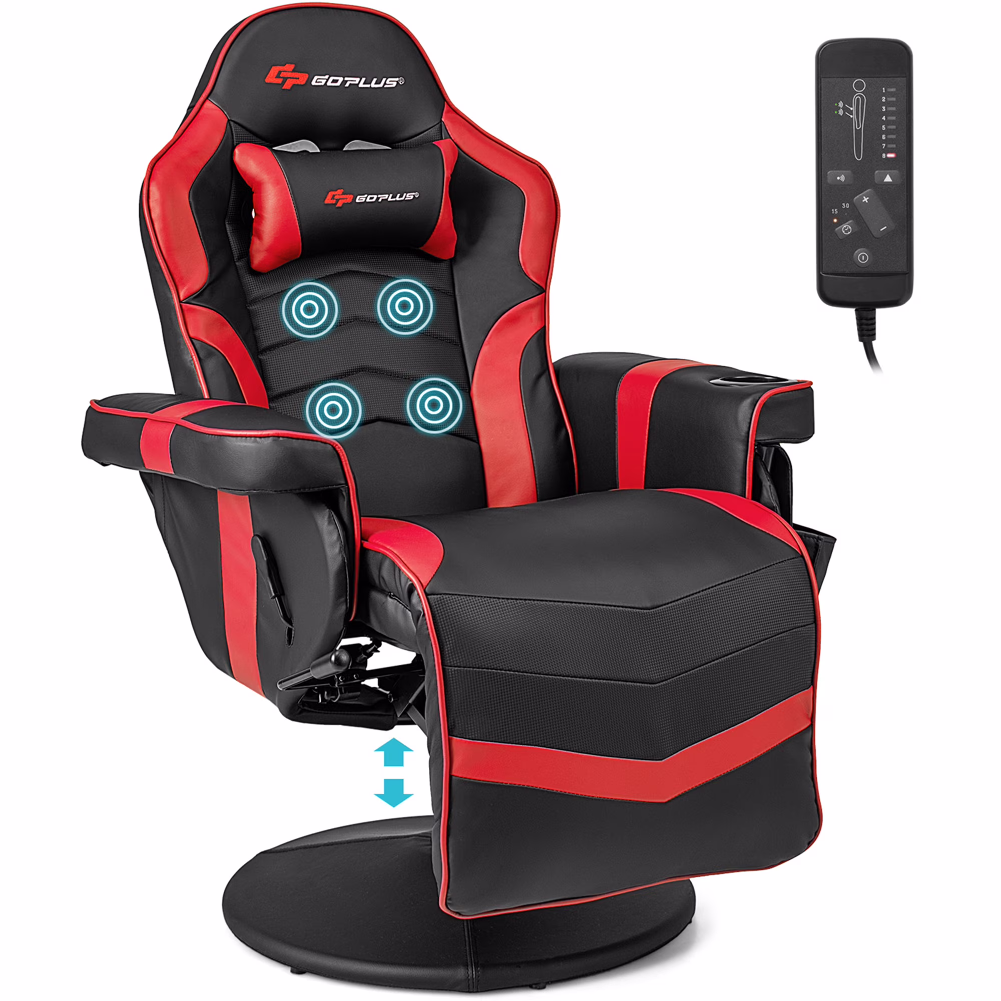 Massage Gaming Recliner Height Adjustable Racing Swivel Chair with Cup Holder Red(Red)