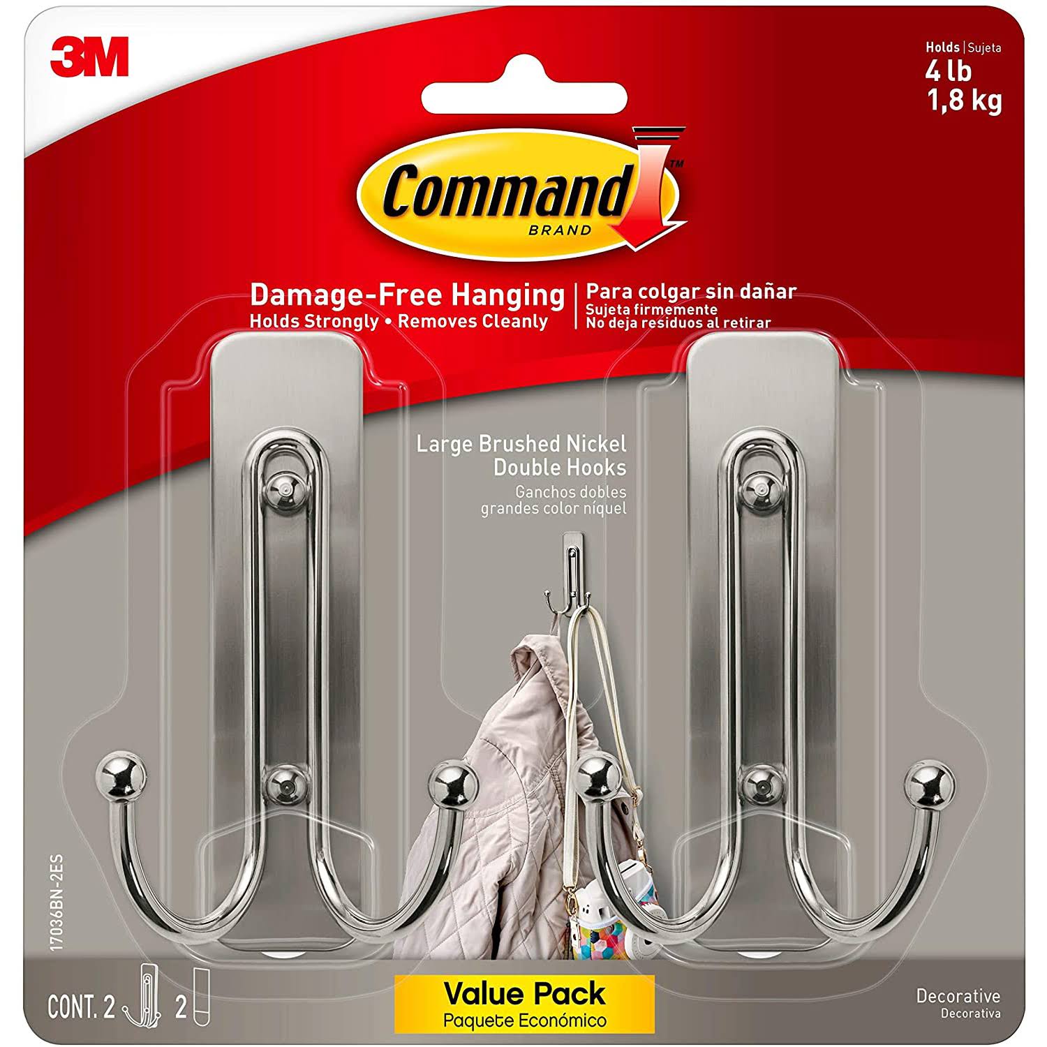 Command Large Brushed Nickel Double Hook, 2 Hooks, 2 Strips