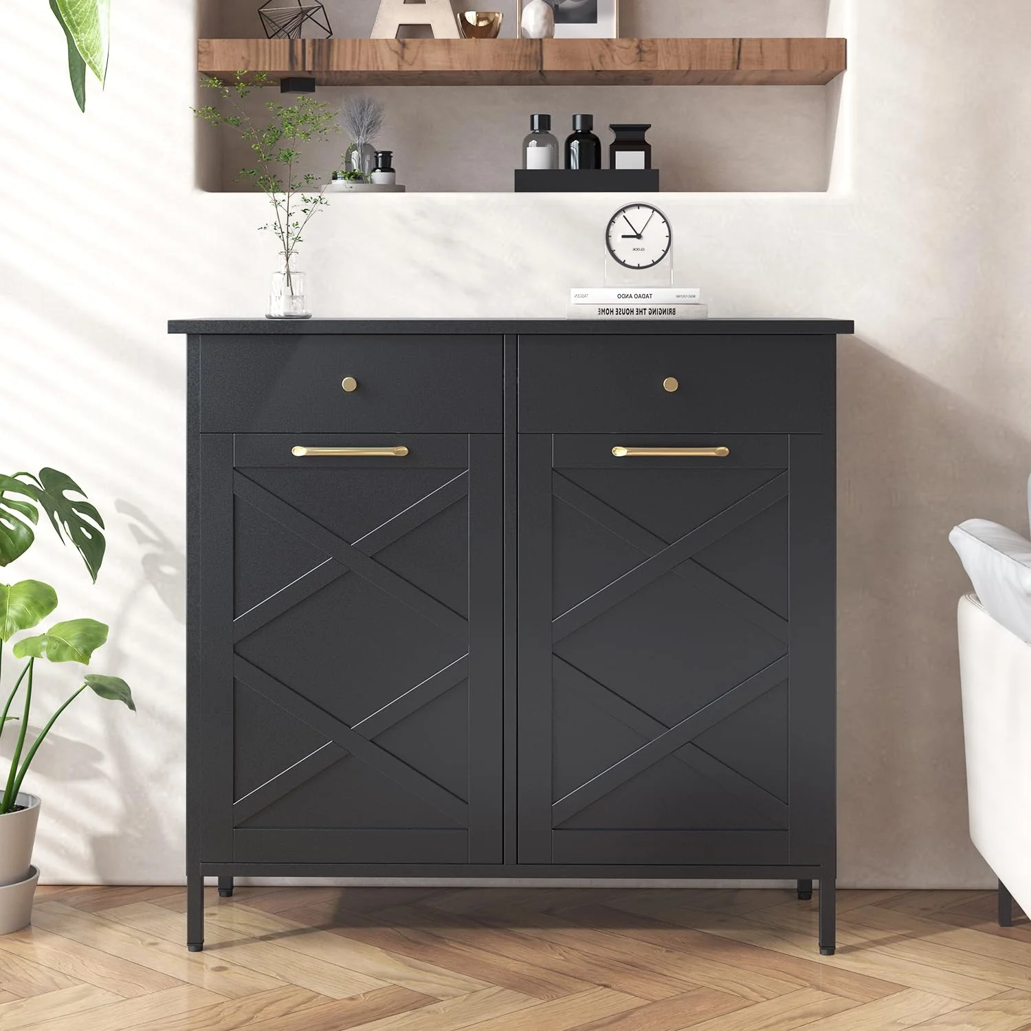 AECOJOY Double Tilt Out Trash Can Cabinet, 20 Gallon Metal Dog Proof Trash Can with 2 Drawers