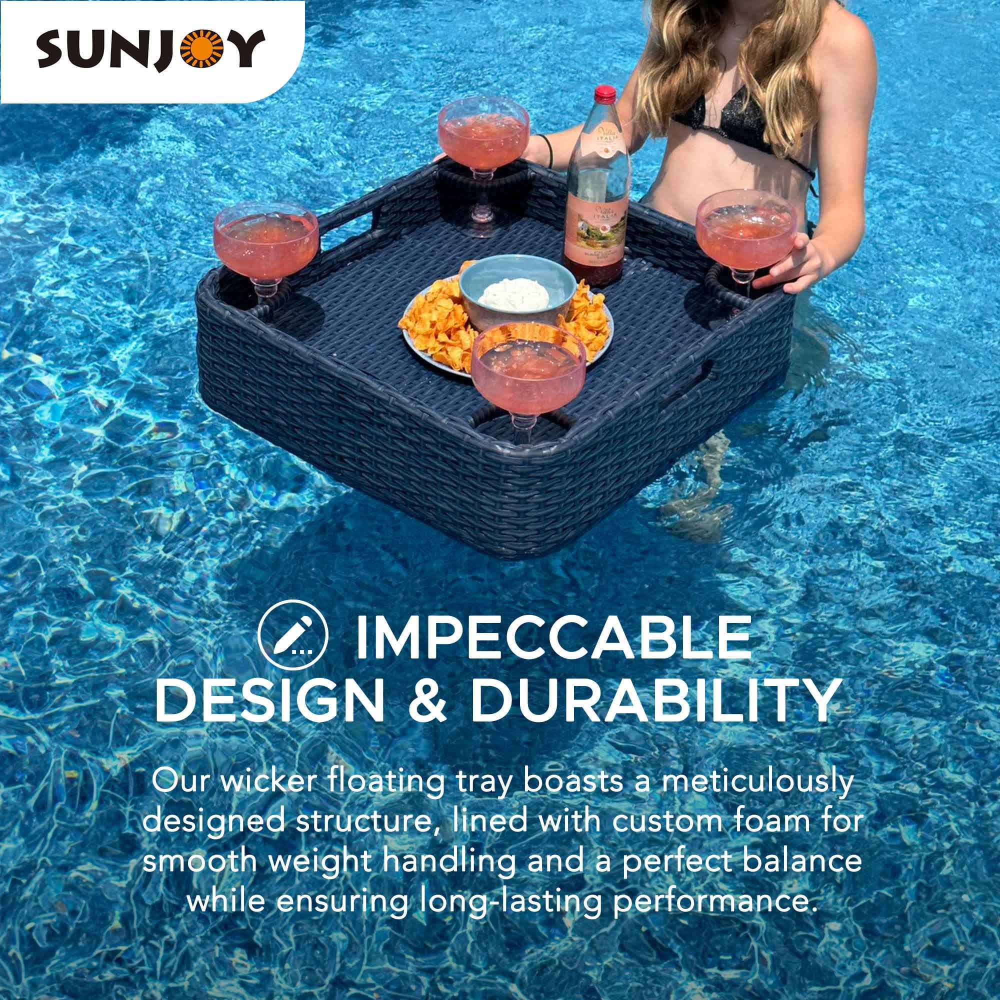 Floating Pool Tray Floating Serving Tray Table Bar Pool Floats for Adults, Spas, Pool Parties Floating Tray for Pool Serving Drinks, Floating Brunch 24x24'' Food on The Water -Navy(24���� x 24���� Wicker floating pool tray, Navy/24" x 24"/Navy) - Image 5
