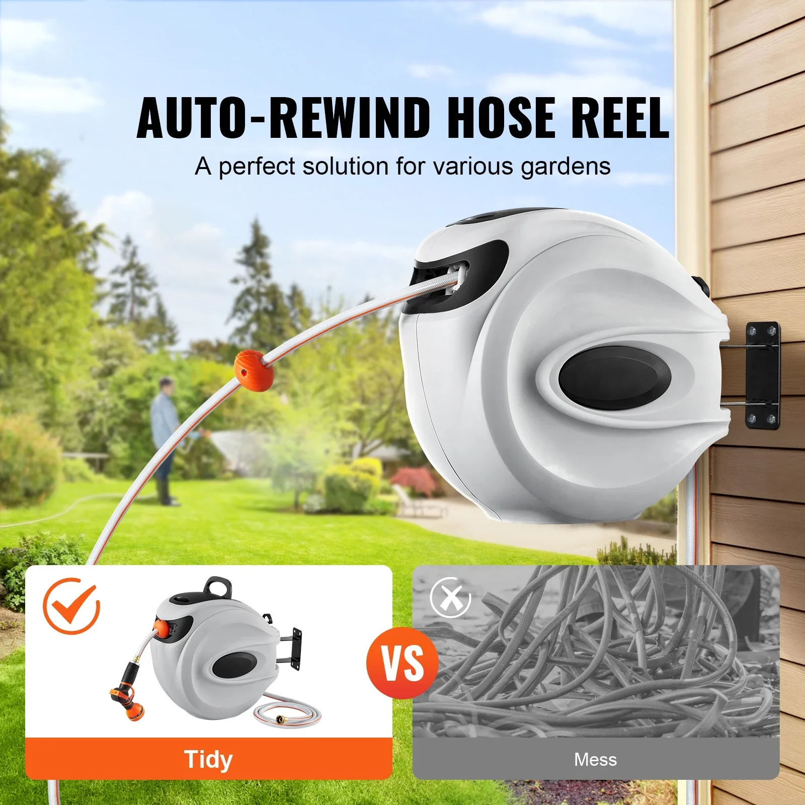 BENTISM Retractable Hose Reel, 115 ft x 1/2 inch, 180�� Swivel Bracket Wall-Mounted, Garden Water Hose Reel with 9-Pattern Nozzle, Automatic Rewind, Lock at Any Length, and Slow Return System