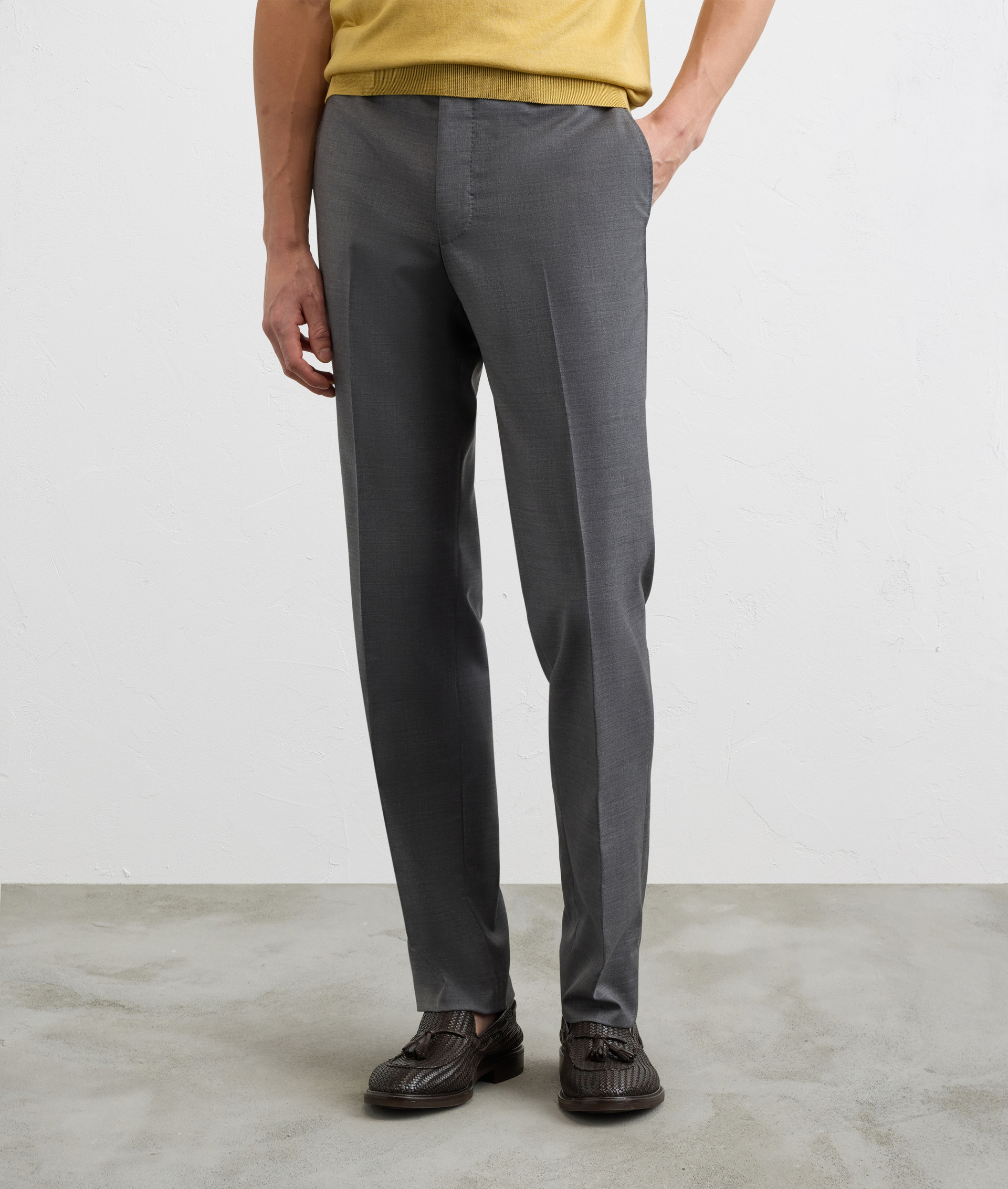 LIGHT GREY MELANGE SOLID COLOR VIRGIN WOOL AND ELASTANE TROUSERS