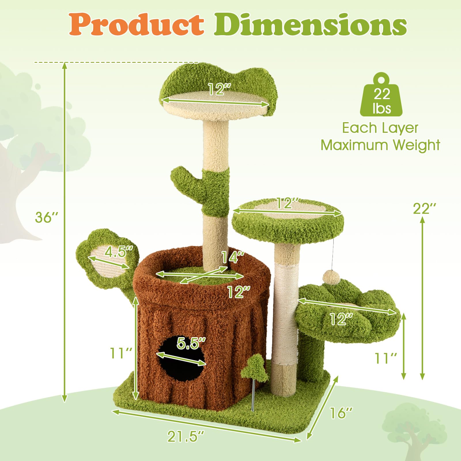 Tangkula 36 Inch Aesthetic Cat Tower with Sisal Scratching Posts & Board