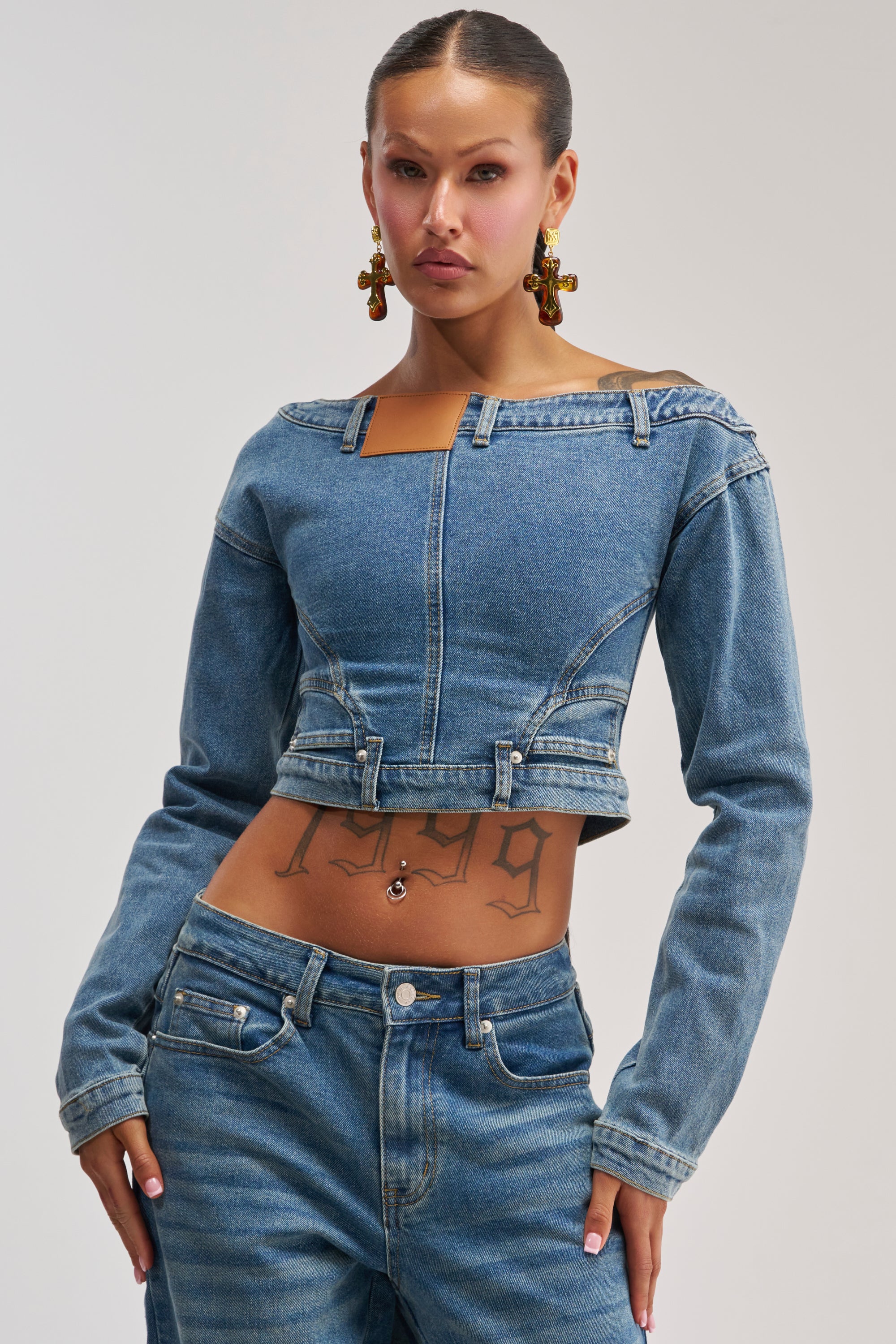 SHAKE IT OFF DENIM OFF THE SHOULDER TOP - Akira Store