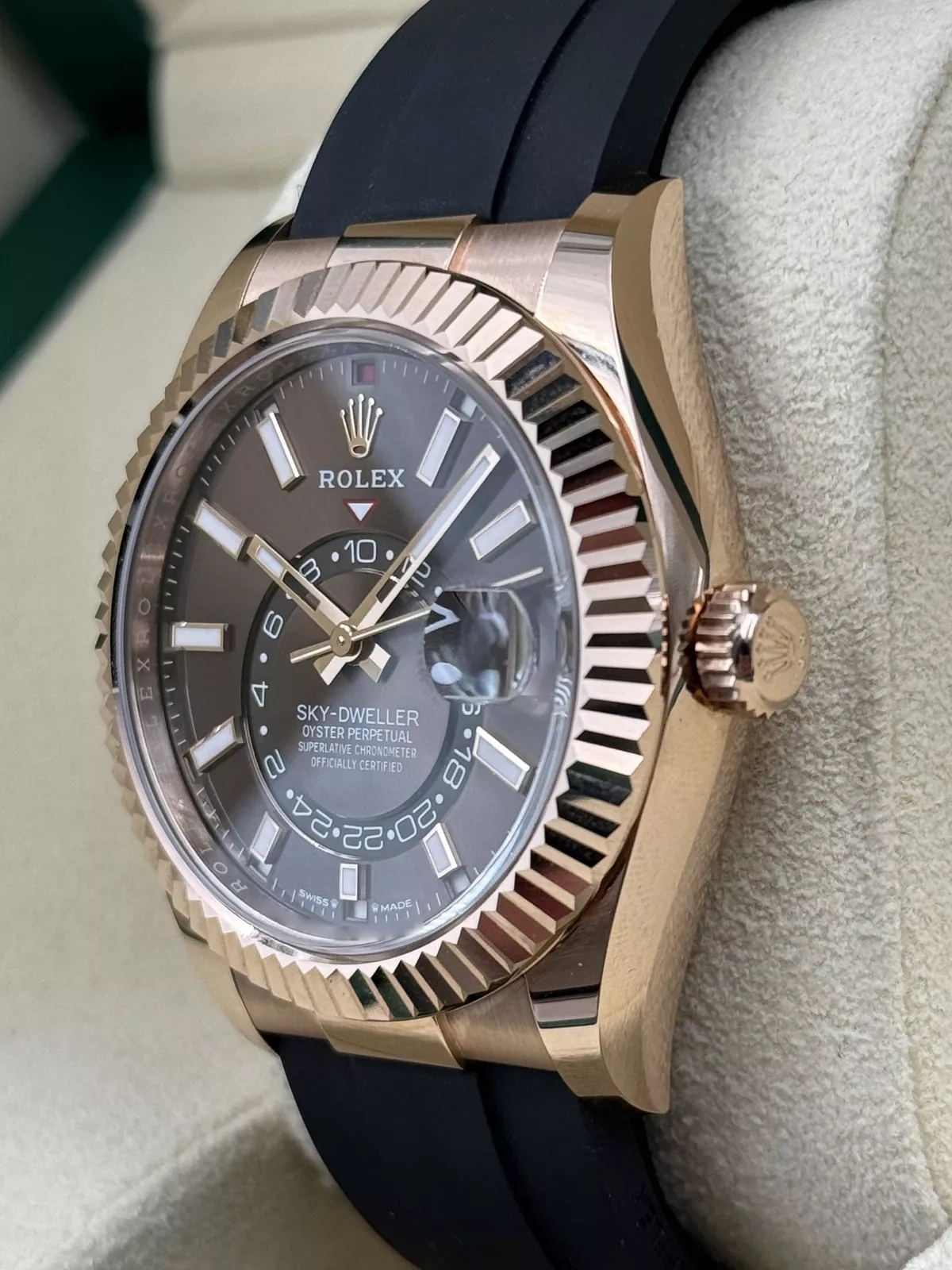 [Super Clone]RLX  Sky-Dweller 42mm Rose Gold Chocolate Dial Oysterflex - 336235