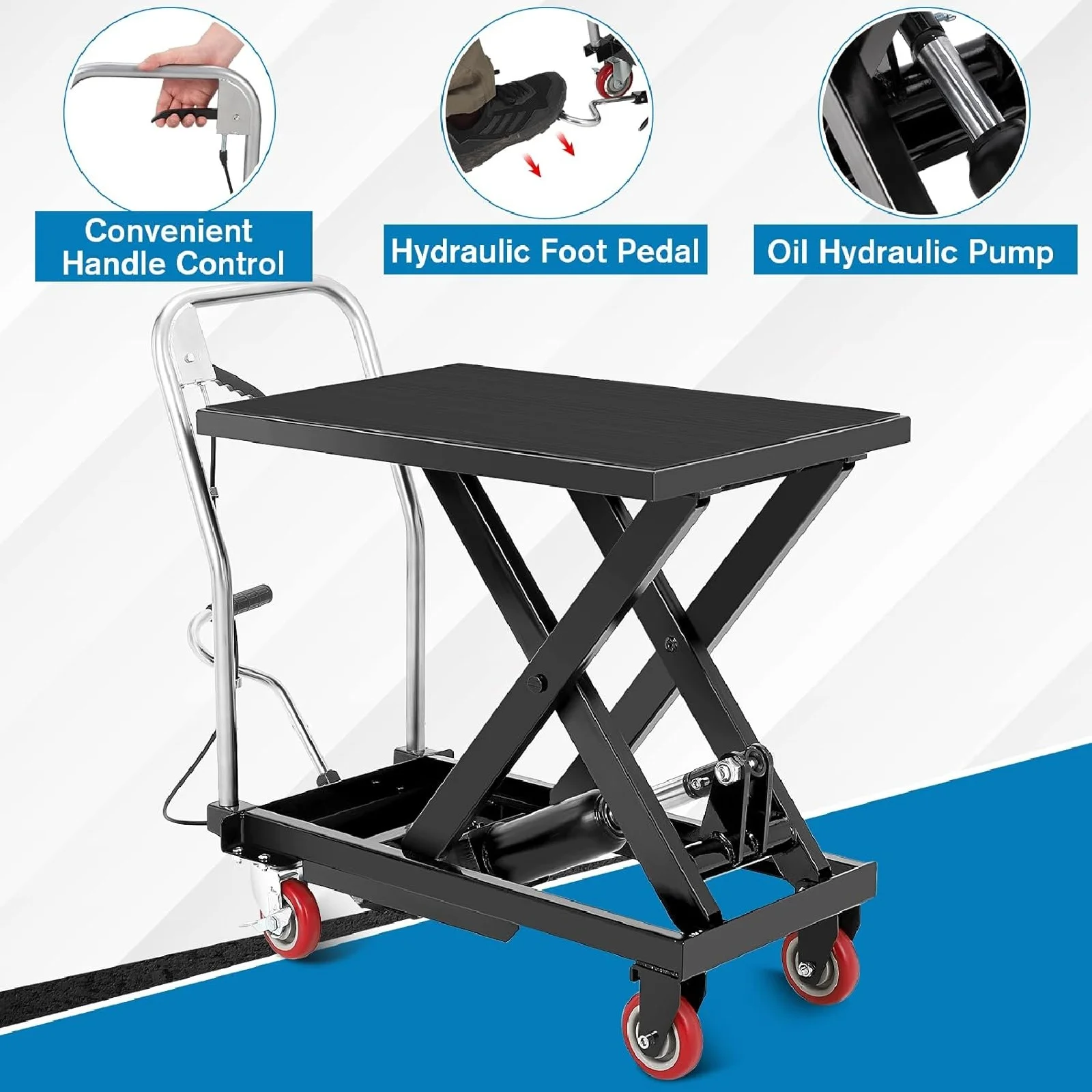 M optimized Hydraulic Lift Table, 500 Lbs Capacity Hydraulic Table Cart, Single Scissor Lift Cart 28.5 Inch Lifting Height with 4 Wheels and Non-Slip Pad for Material Handling, Black(500 lb/Black) - Image 4
