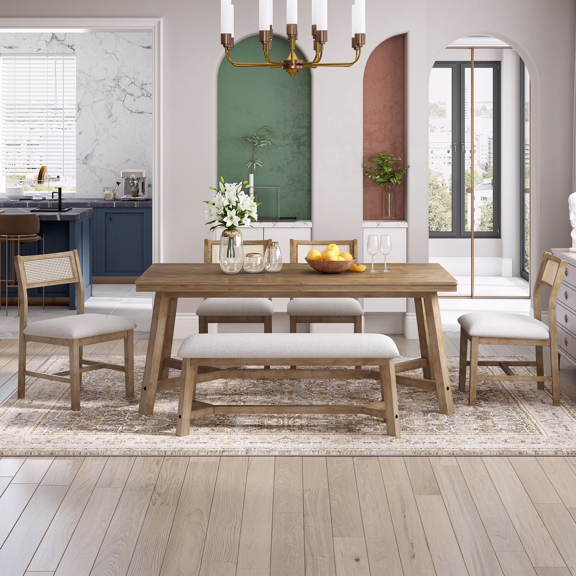 Prehome 6 - Piece Retro Farmhouse Dining Set, Wood Rectangular Table and 4 Upholstered Rattan Chairs, Bench, Dining Table Set for 5 - 7, Dining Table Set for Kitchen Dining Room Dorm Apartment, Wood Wash