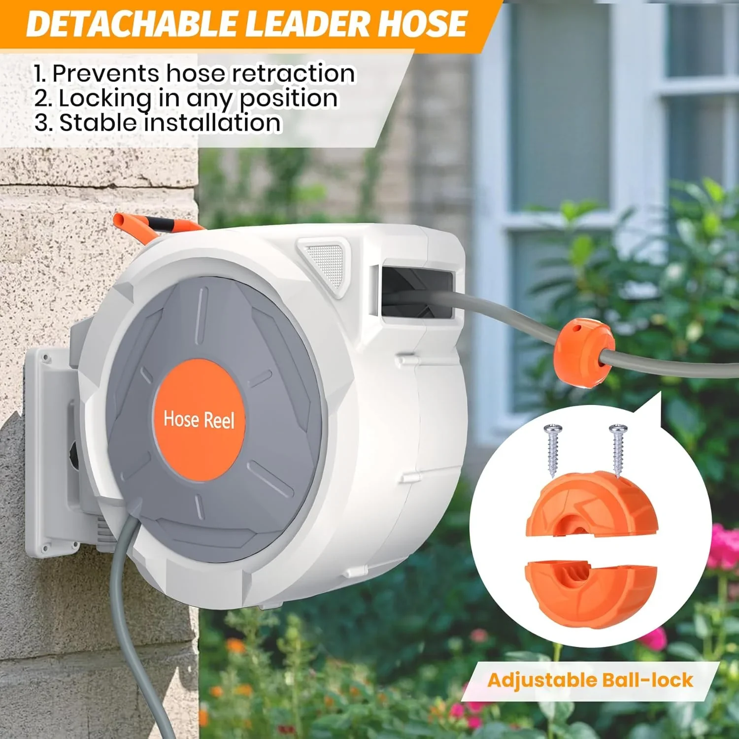 Auto-Retract Wall-Mounted Garden Hose Reel w/9-Pattern Nozzle, 180�� Swivel & Any-Length Lock, 600PSI Durable