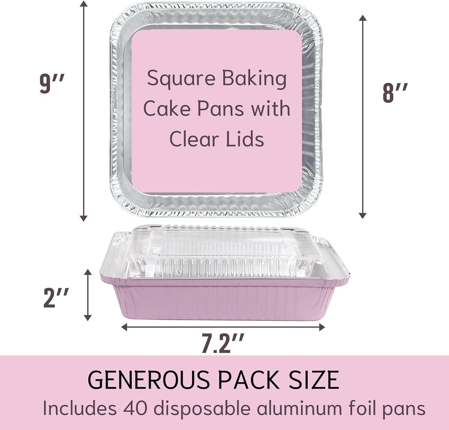 (40 Pack) 8x8 Square Aluminum Baking Cake Pans with Clear Lids - Pink Foil Pans with Lids - Disposable Food Containers Great for Cooking, Heating, Storing, and Preparing Food