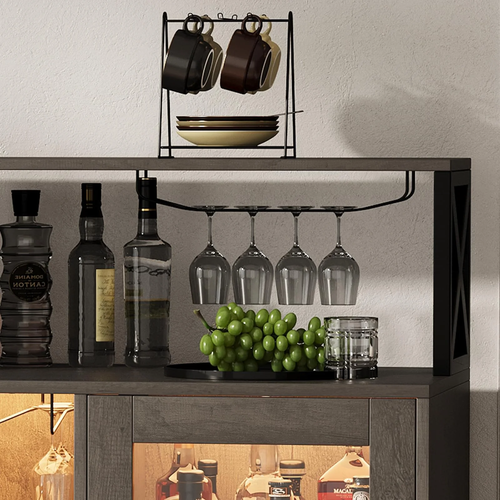 Bar Cabinet with Storage Shelves, Coffee Bar Cabinet with LED Lights, Liquor Cabinet with Wine Rack and Glass Goblet Holder, Kitchen Sideboard Buffet Cabinet for Home, Kitchen, Dining Room(Retro Gray) - Image 5