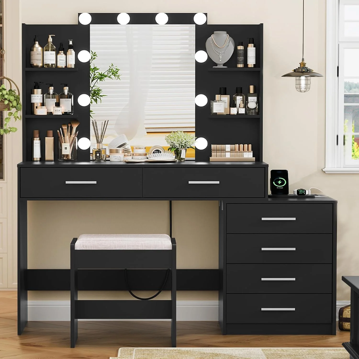 Coiffeuse Quimoo grand format avec miroir lumineux LED et prise électrique, table de maquillage