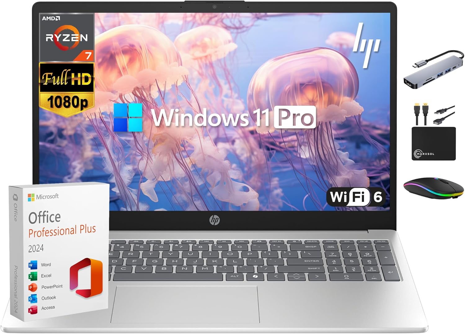HP Laptop for 2025-2026 Home Student Business  Lifetime MS Office  AI Computer  15.6” FHD  AMD Ryzen 7  32GB RAM  1.5TB Storage (1TB SSD+ 500GB Ext)  Wi-Fi 6  Privacy Cam  MarxsolAccessory  Win 11 Pro