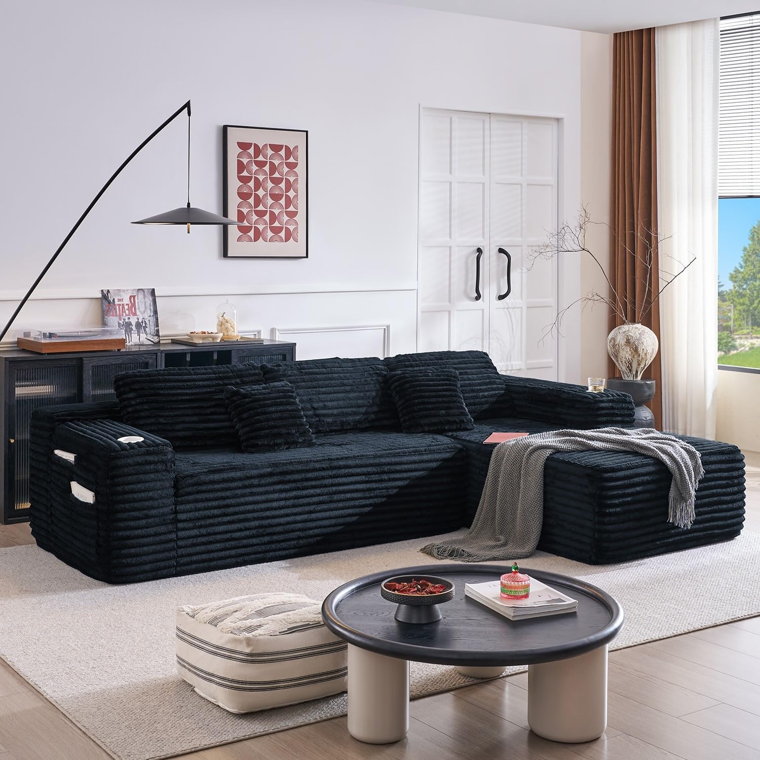Canapé d'angle Cloud avec méridienne en L, canapé modulaire moderne, assise profonde, porte-gobelet intégré