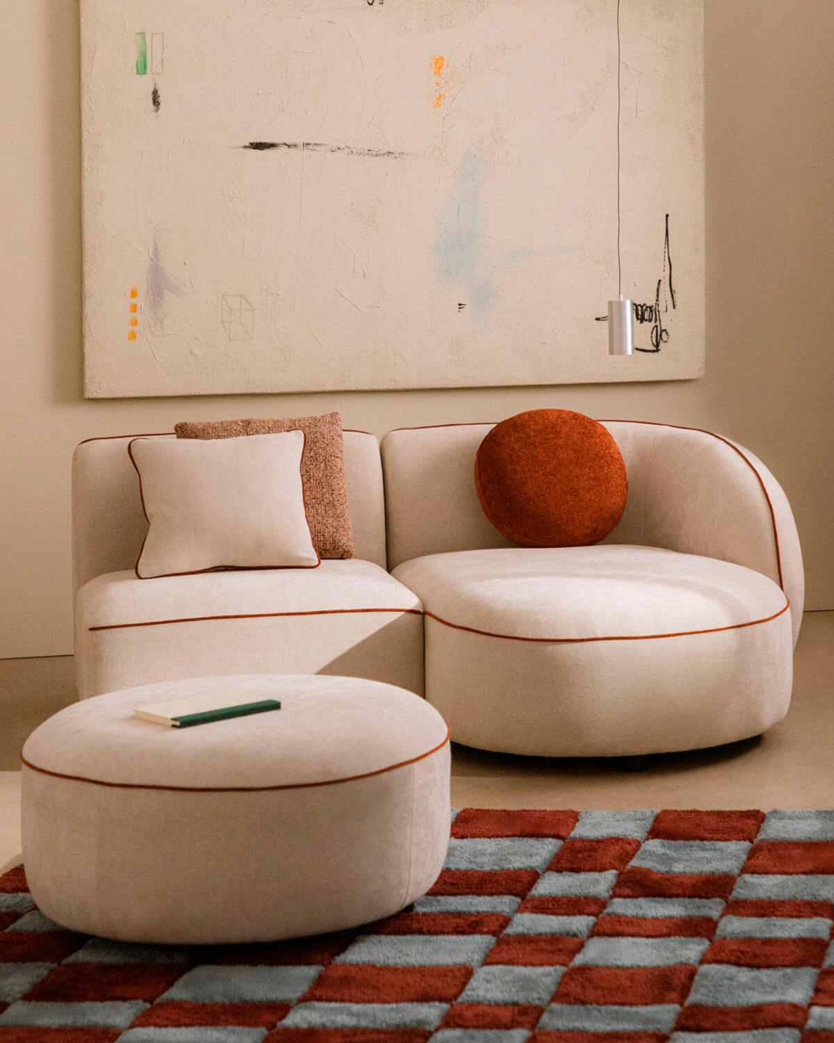 Ilham - Sofá Modular 2 Piezas Chaise Longue con Sillón y Puff Redondo de Tela Ilham