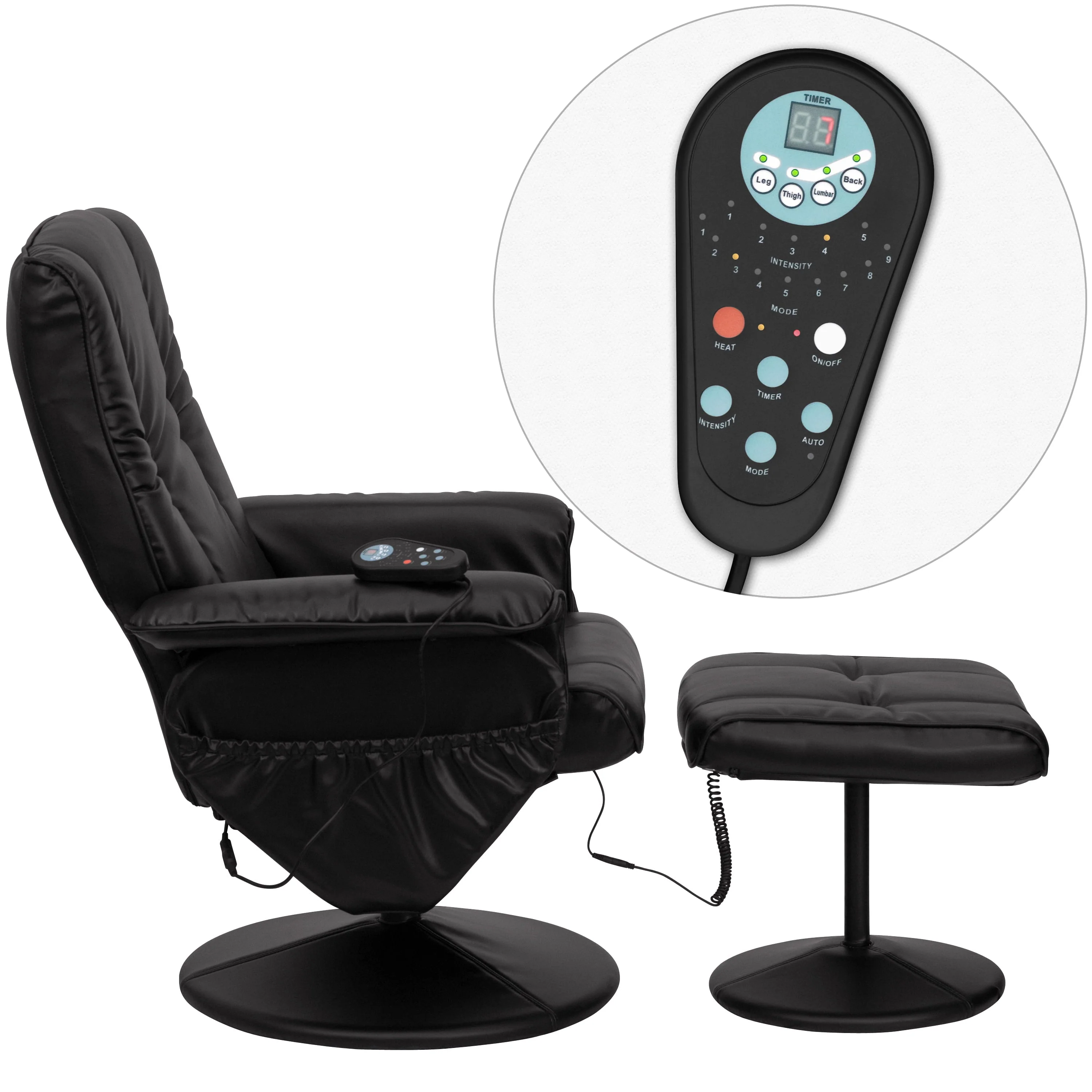 Bizchair Massaging Heat Controlled Adjustable Recliner and Ottoman with Wrapped Base in Black Leathersoft