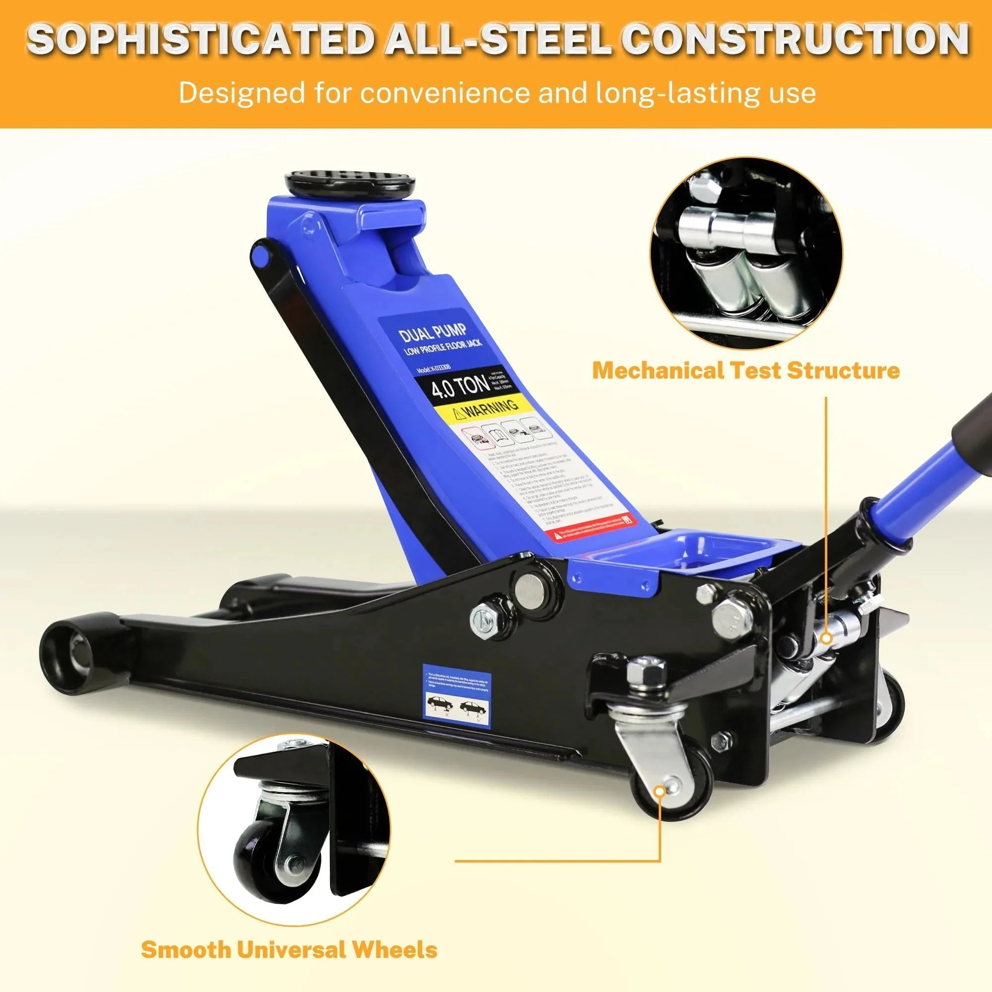 4-TON Floor Jack, Low Profile Car Jack, Heavy-duty Trolley Jack Car Lift with Dual Pump Pistons, Lifting Range 4"-21", 8000LBS
