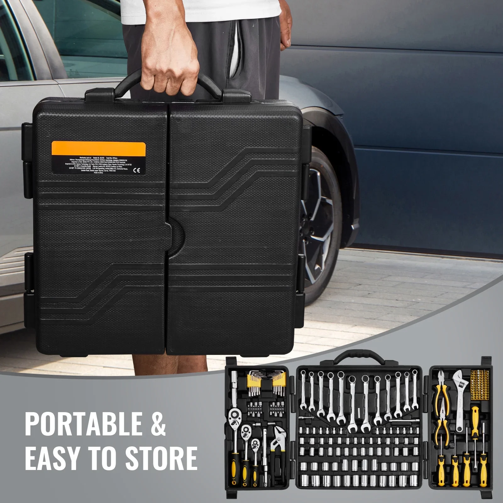 KFFKFF 207-Component Mechanics Tool Set and Socket Set, 1/4 3/8 1/2 Drive Sockets, SAE and Metric Mechanic Tool Set with Bits, Spanners, Ratchet Handle, Add-ons, and Hard Plastic Carrying Case