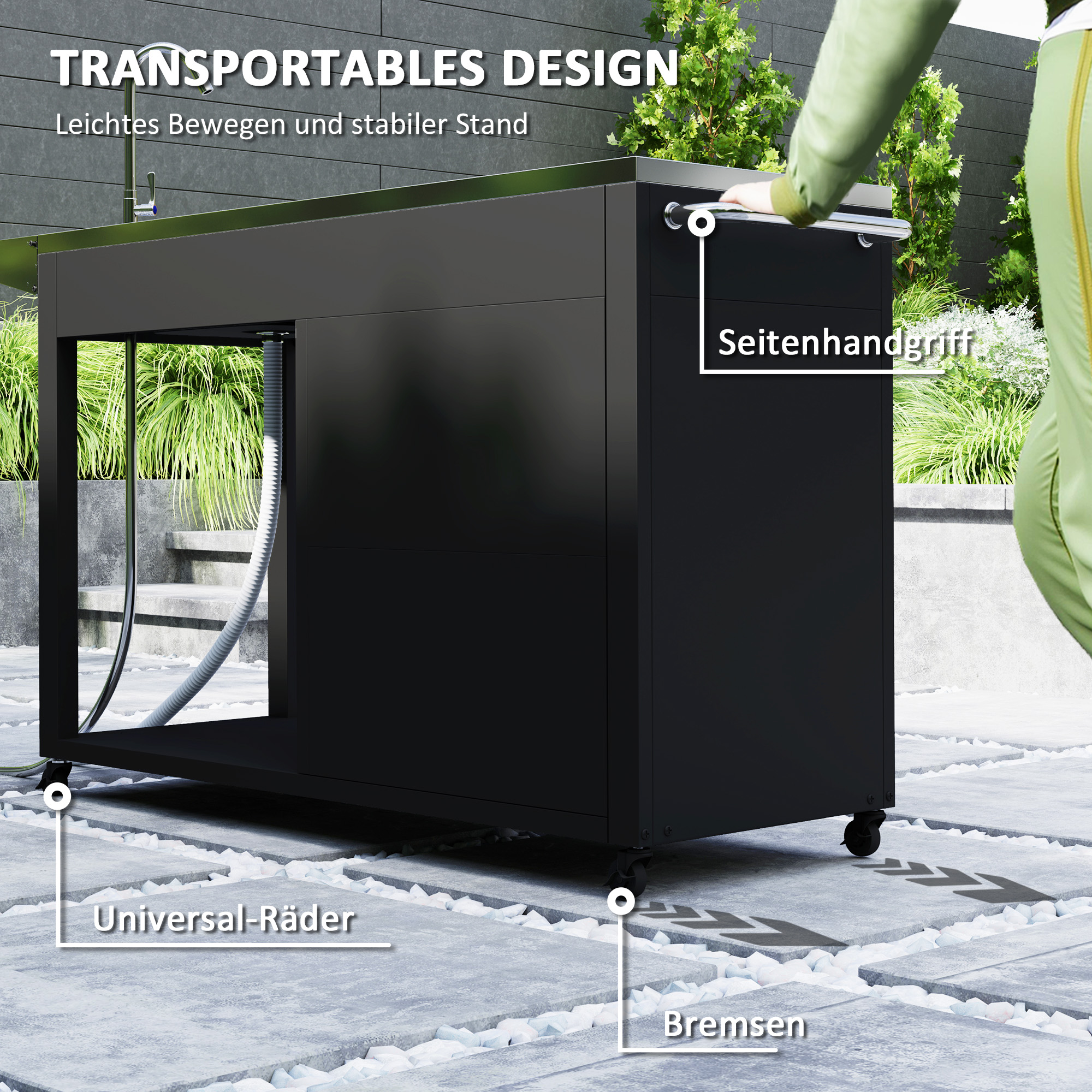 Outsunny Grillwagen Serveerwagen met Werkblad, Uitklapbare Zijplank, Kast, Spoelbak, Wielen, Roestvrij Staal 162,5x47x87cm Zwart