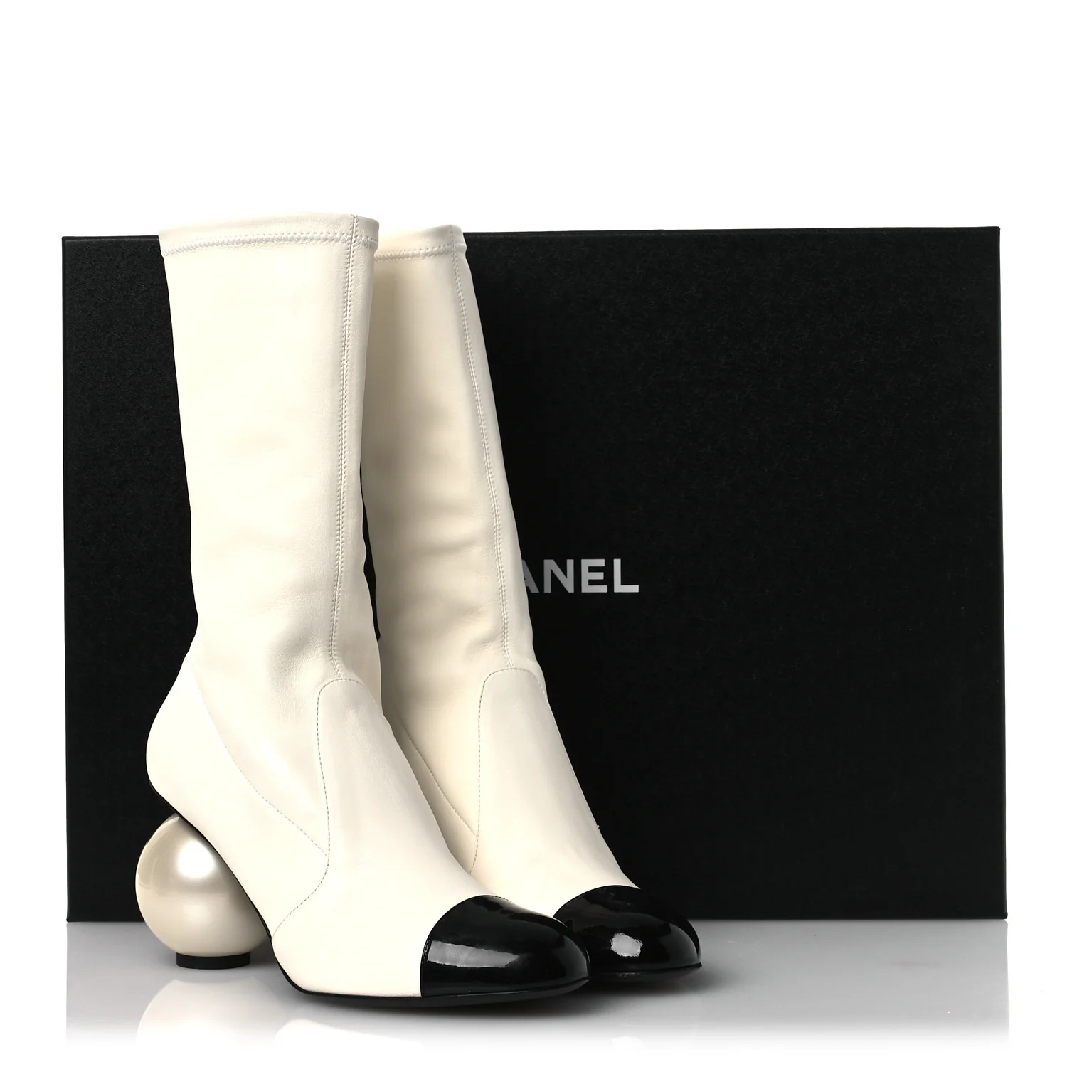 Stretch Lambskin Patent Cap Toe Pearl Ball Mid Calf Boots 39 White Black