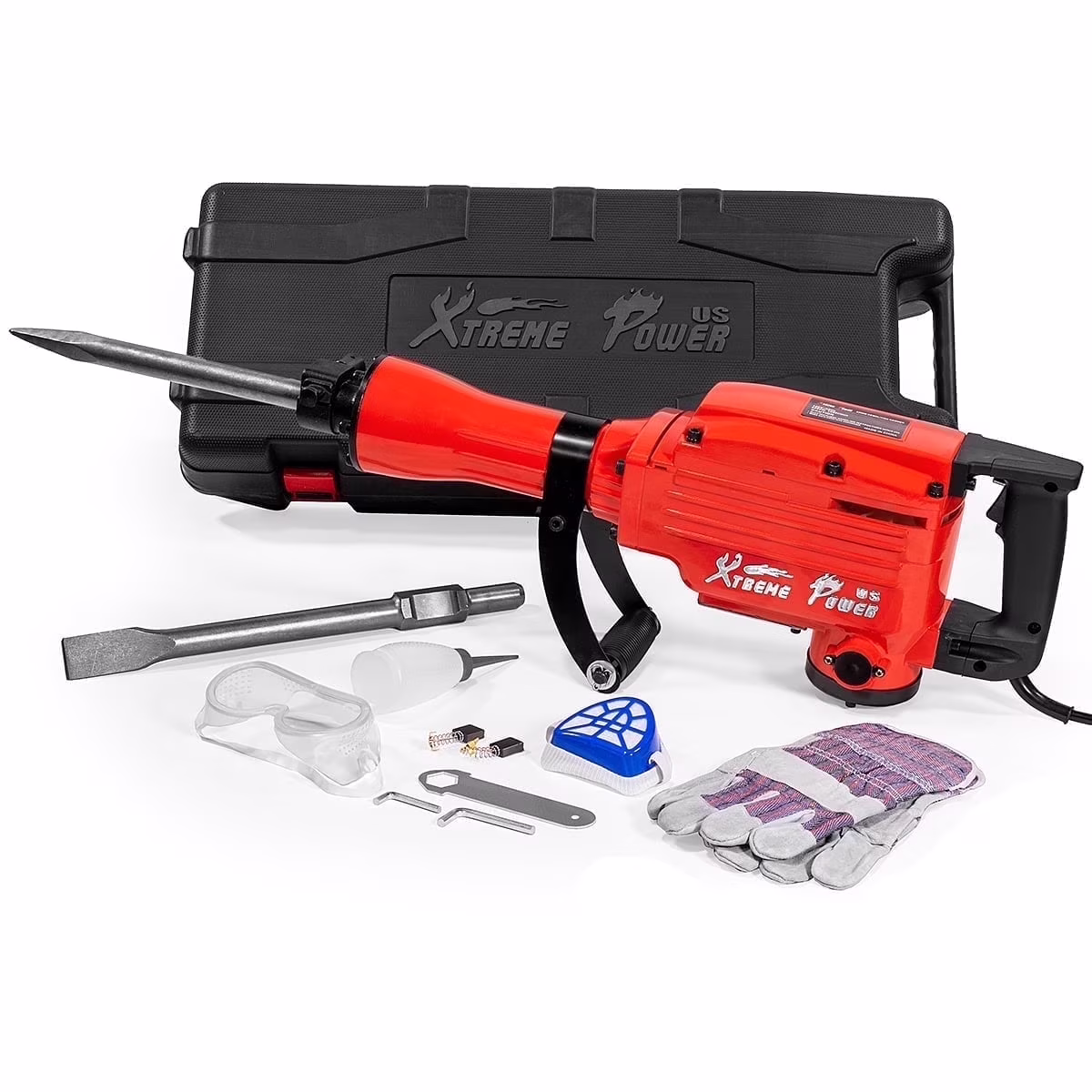 XtremepowerUS Demolition Jack Hammer Heavy Duty, 3600W Electric Jackhammer 1900BPM Power Drill Concrete Breaker Bar Point & Chisel Bits Chisel Set