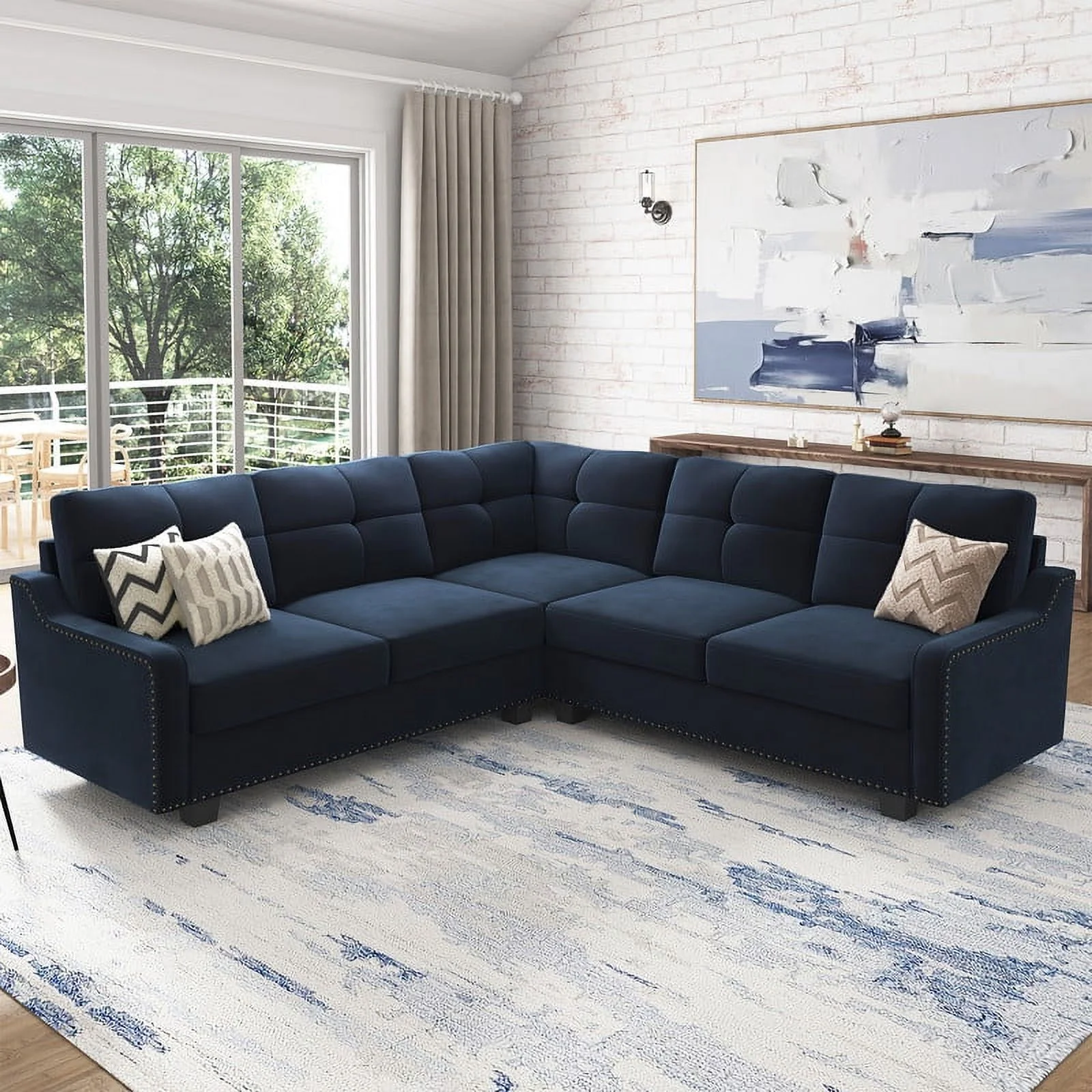 HONBAY Rivet Corner Sofa L - Shaped Sofa Couch Reversible 4 - Seater Couch for Living Room and Apartment, Dark Blue