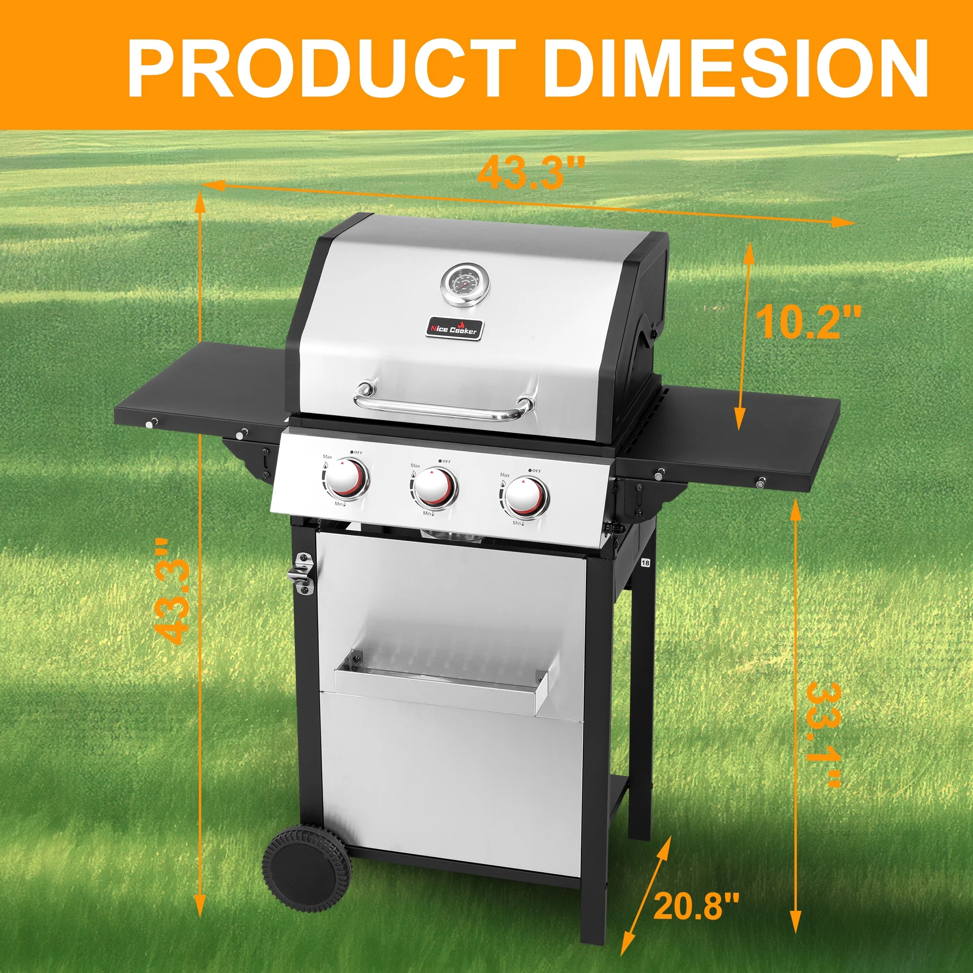 3-Burner Propane Gas Grill with 2 Foldable Side Tables, 30,000 BTU Outdoor BBQ Stainless Steel Grill with Porcelain-Enameled Cast Iron Grates and Thermometer, Easy Assembly for Patio, Backyard BBQ(Pro 3-Burner) - Image 8