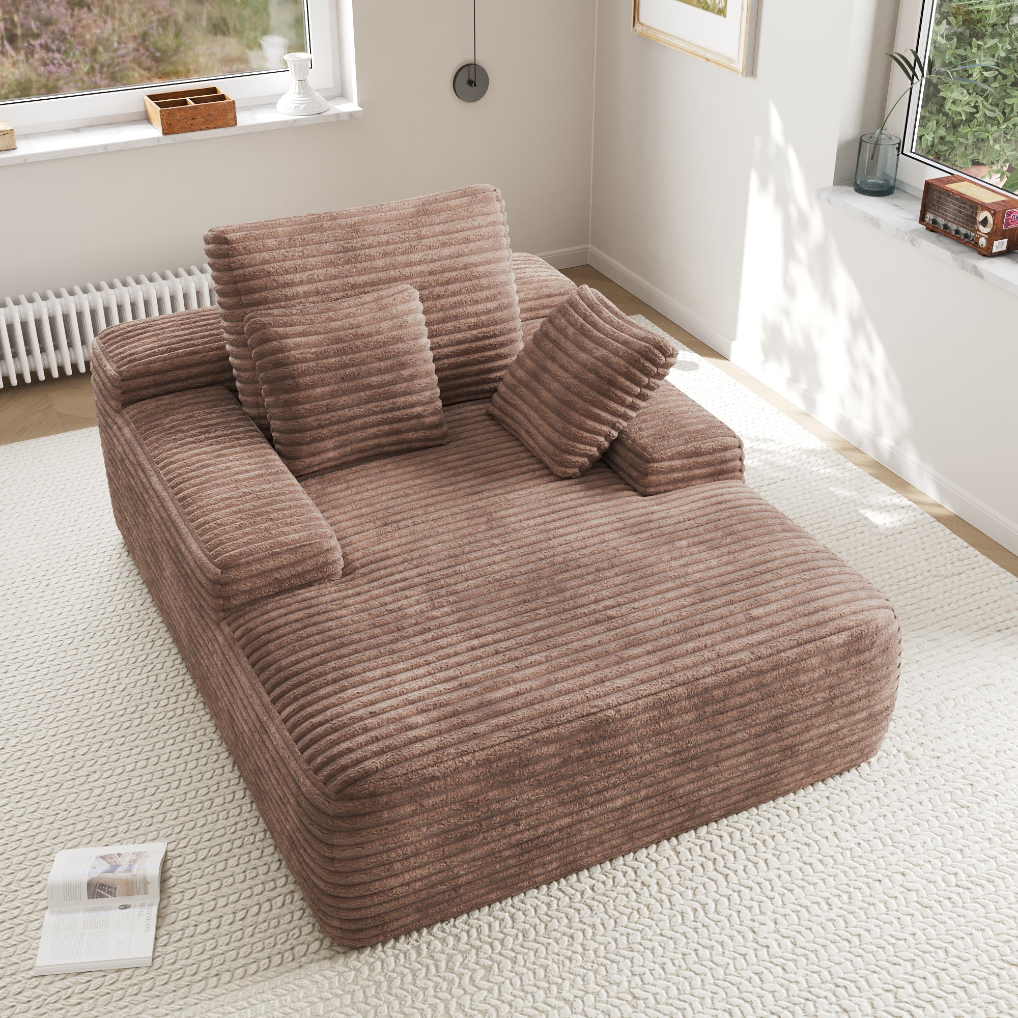 Oversized Chaise Lounge Chair Indoor,Upholstered Sofa Bed with Throw Pillows and Armrests,Sleeper Chair for Living Room,Bedroom,Brown,Corduroy(Brown) - Image 4