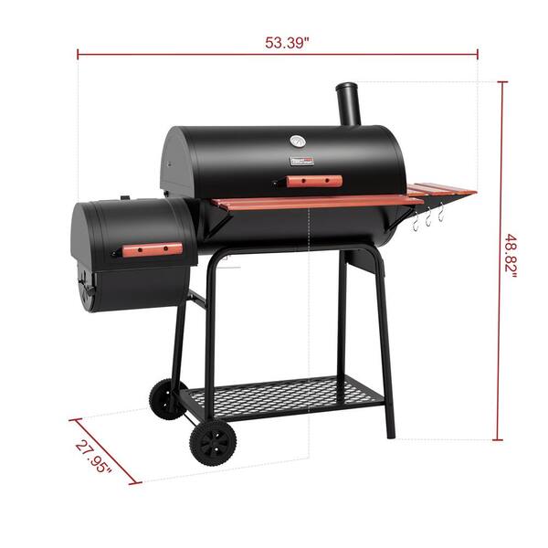 Barrel Charcoal Grill in Black with Offset Smoker. 811 sq. in. Cooking Space. Wood-Painted Side Table