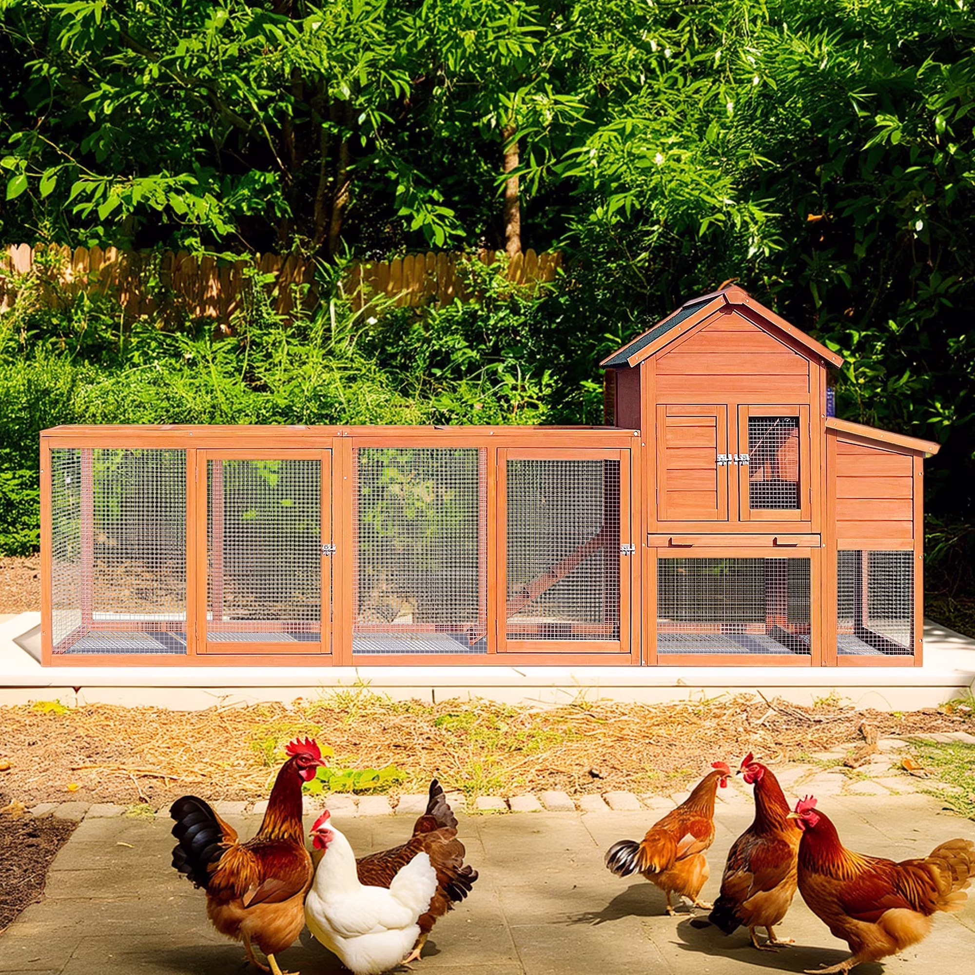 112" Large Rabbit Hutch Outdoor Wood Chicken Coop, Hen House with Nest Box, Wire Fence Poultry Cage, Orange(Orange)
