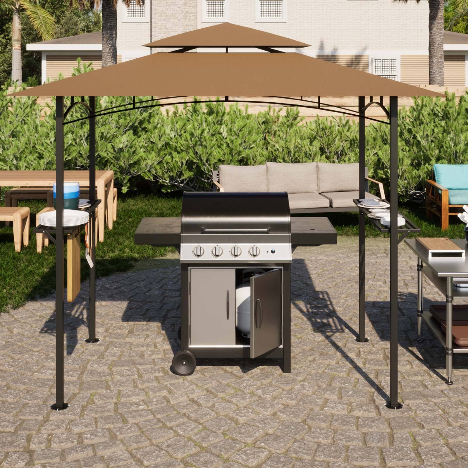 8x5 ft Grill Gazebo, Double Tiered Outdoor BBQ Gazebo with 2 Side Shelves, 5 Hooks, Bottle Opener, Barbecue Grill Gazebo Shelter for Patio, Garden,
